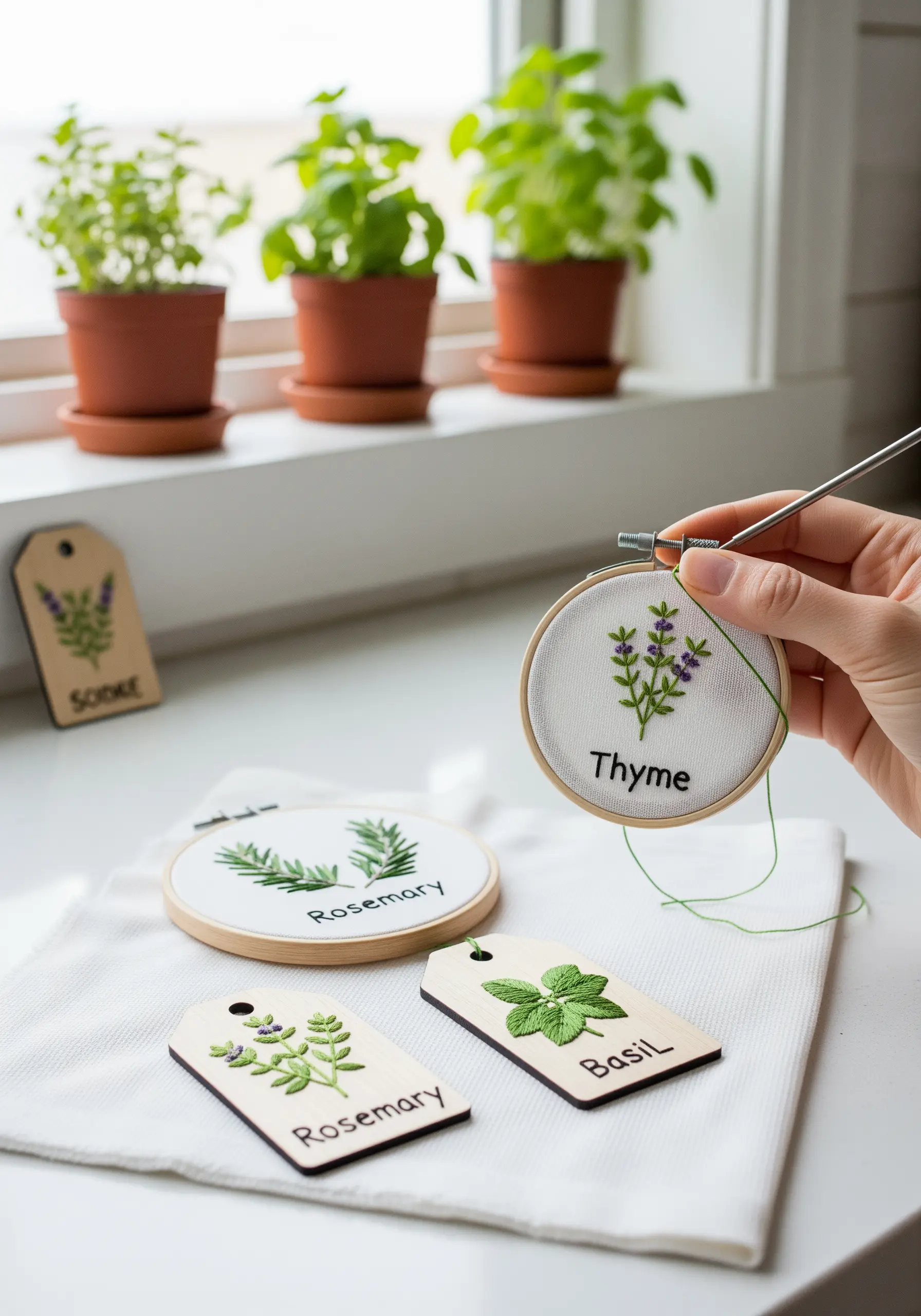Hand embroidering tiny herb markers for thyme, rosemary, and basil in small hoops and on wooden tags.