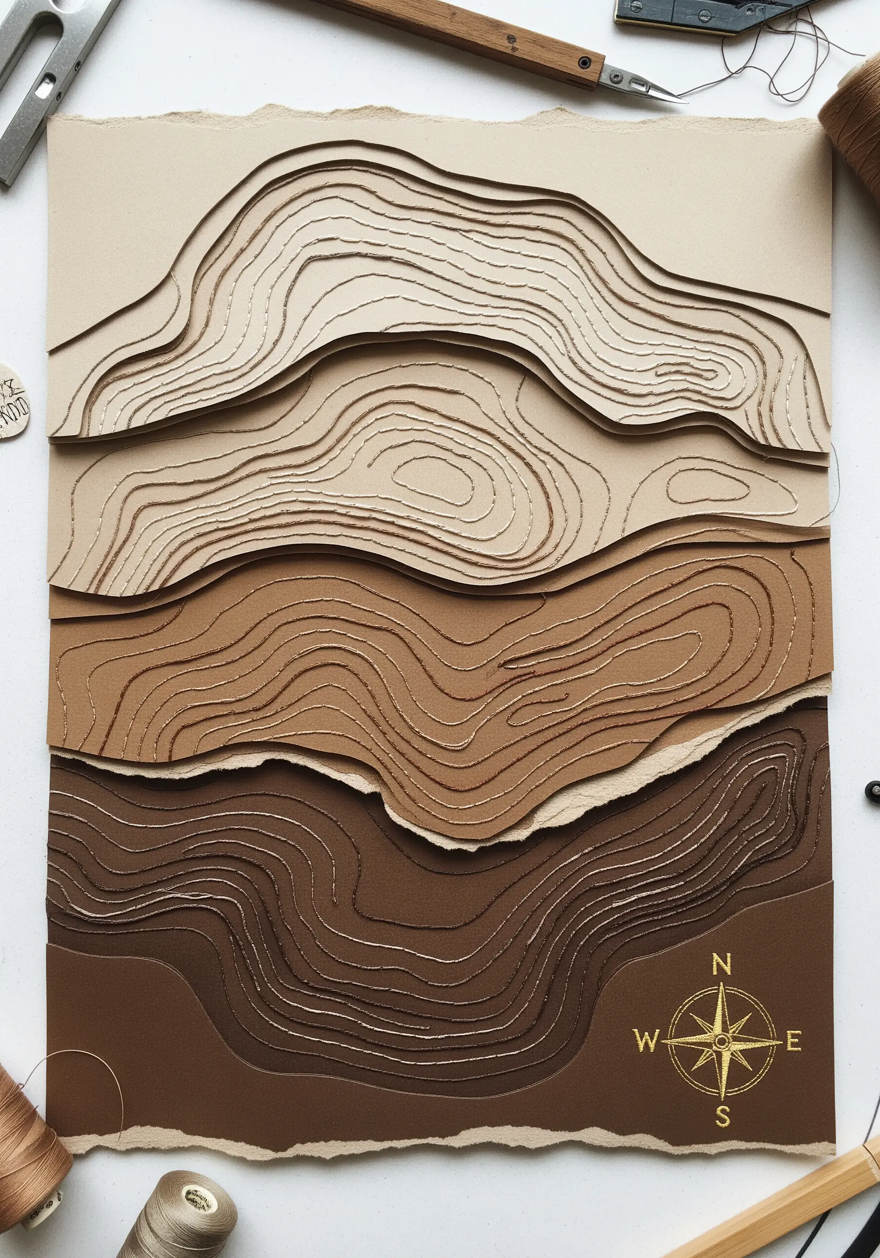 A 3D topographical map made of layered brown paper with stitched contour lines.