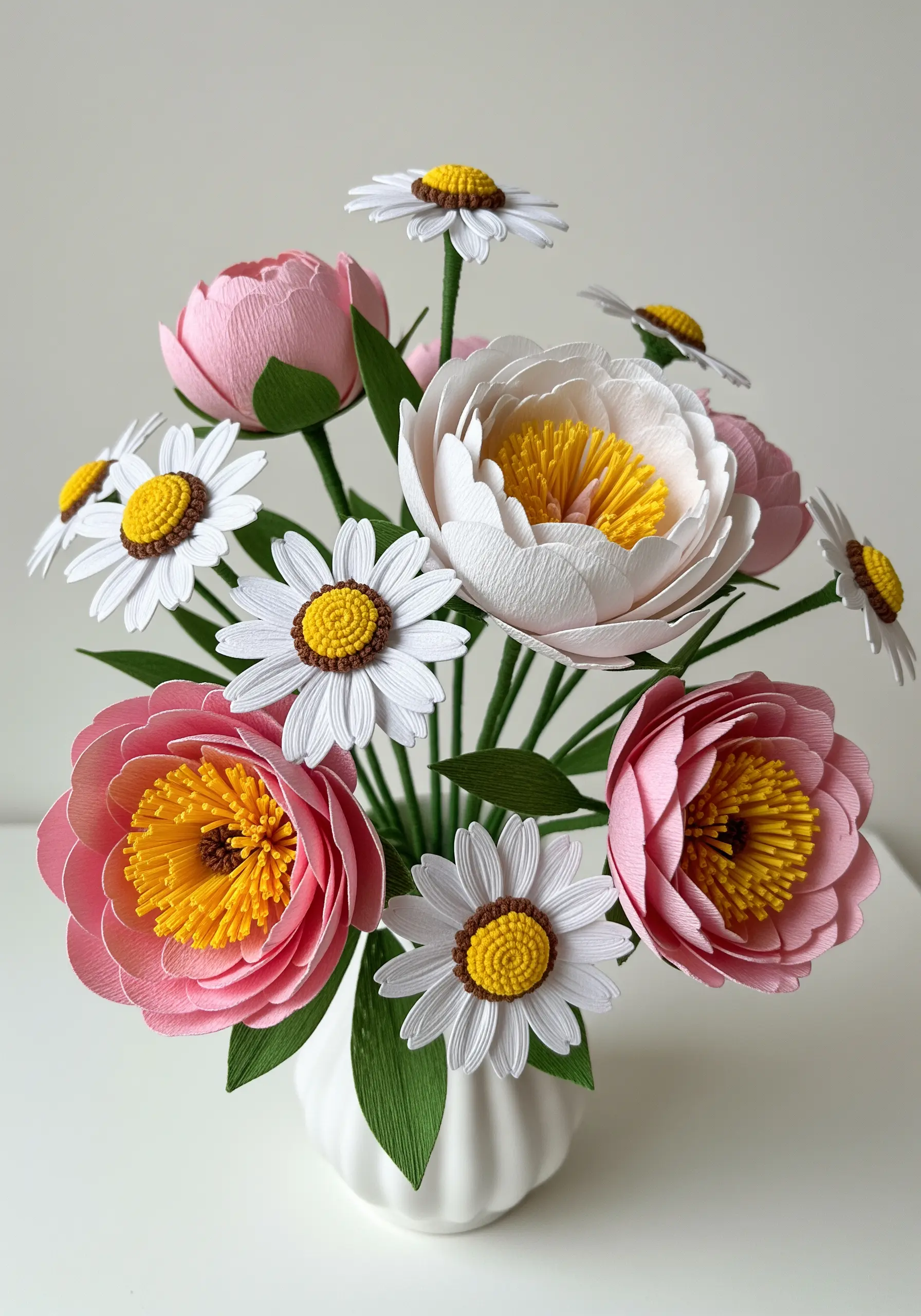 A bouquet of pink and white crepe paper flowers with detailed yellow and brown embroidered centers.