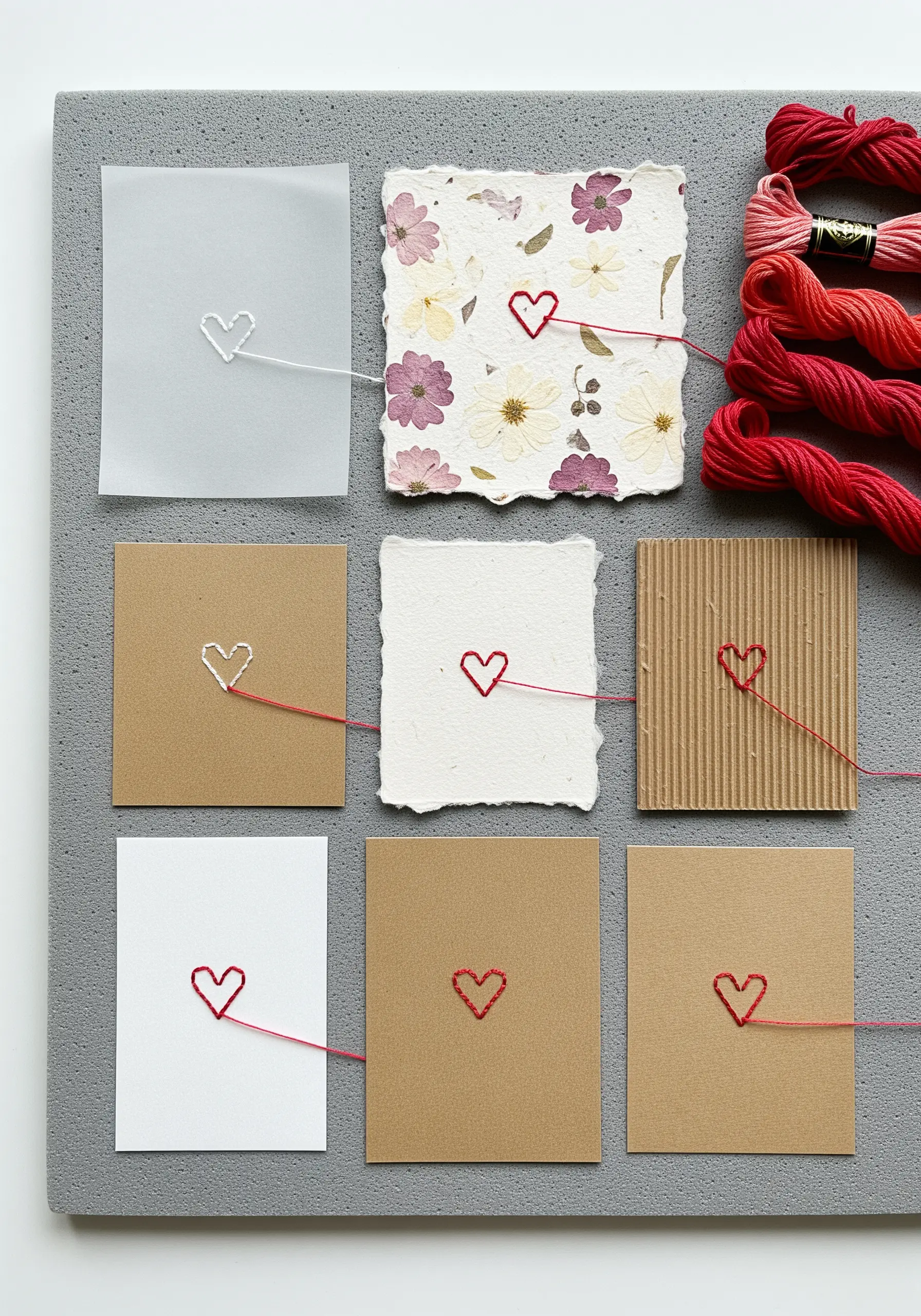 A sampler grid showing small red hearts stitched onto nine different paper textures.