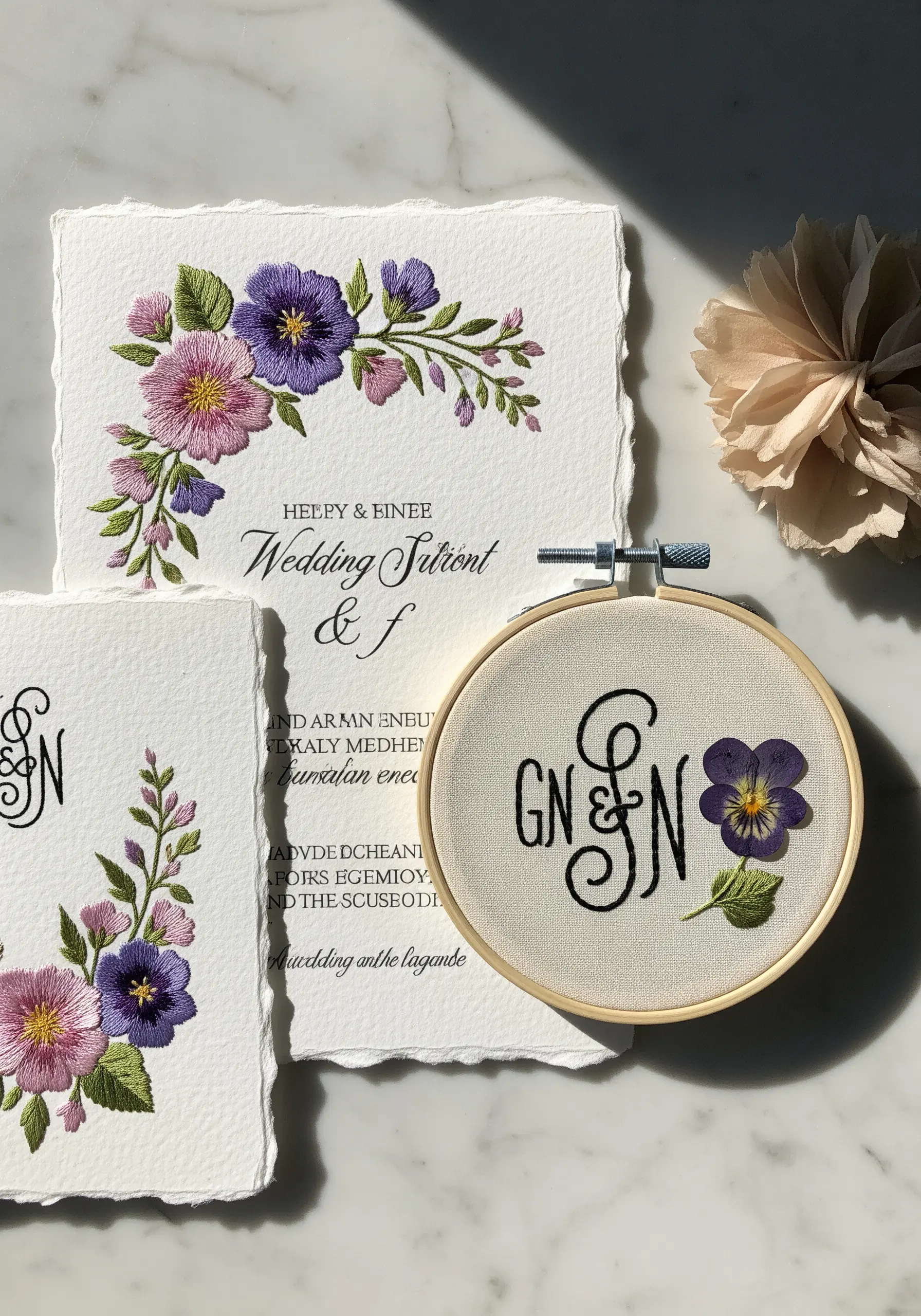 Embroidered wedding invitations with a matching mini-hoop featuring a monogram and a pressed pansy.