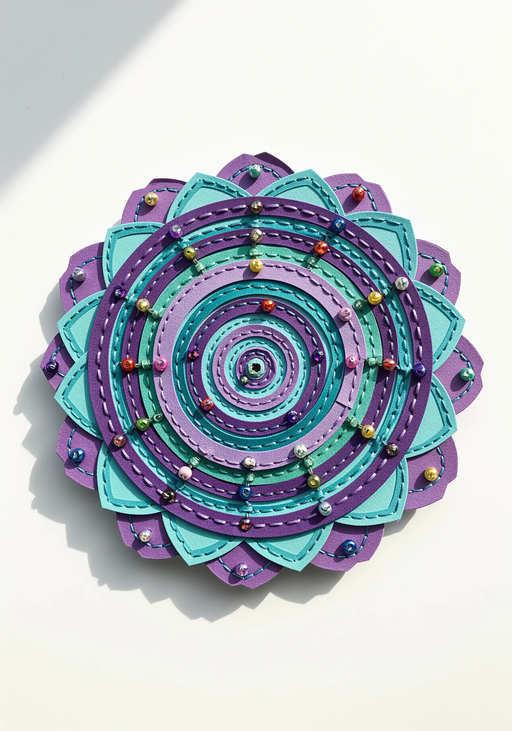 Layered paper mandala stitched with beads and purple thread