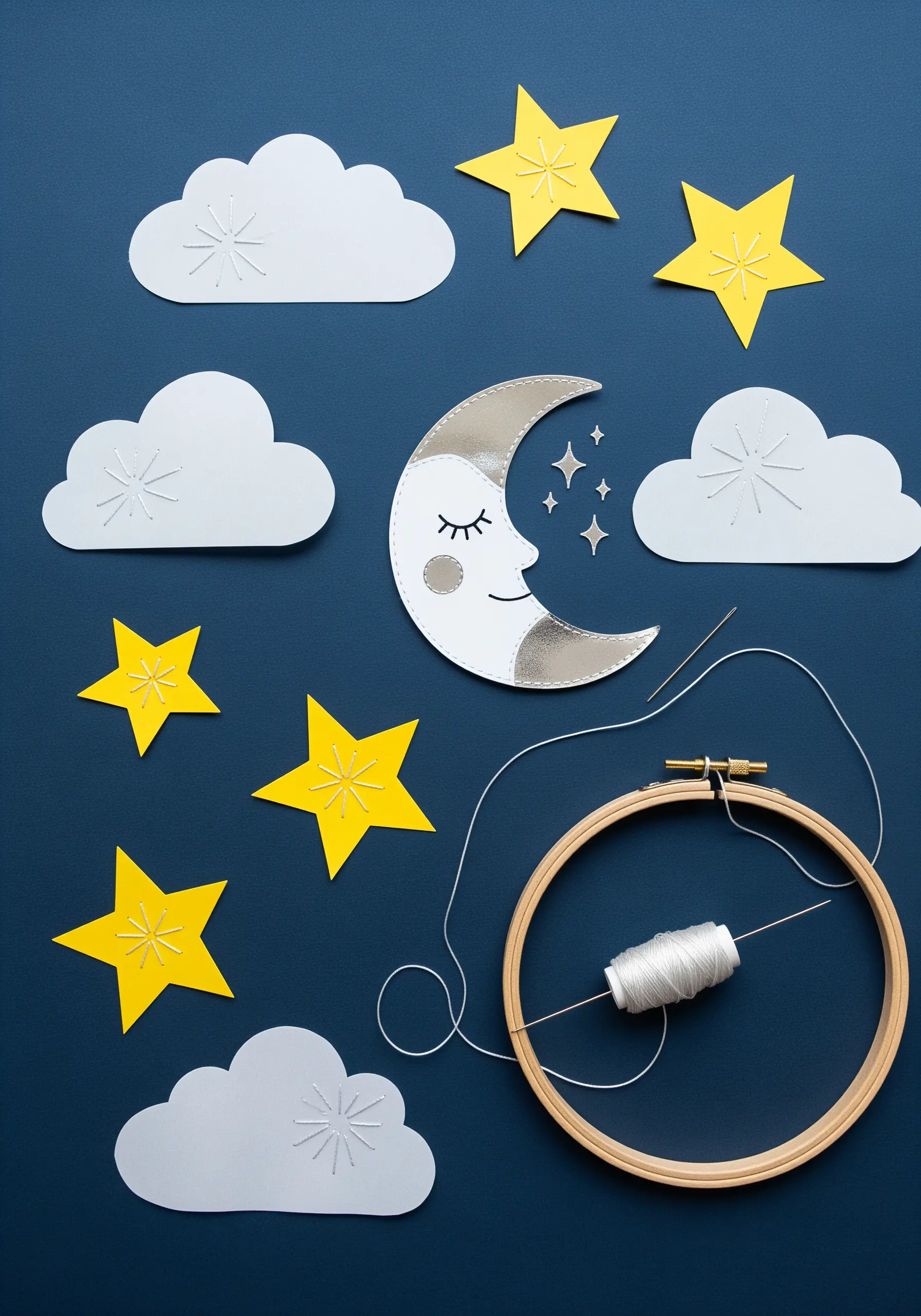 Paper cutouts of a moon, clouds, and stars with simple white stitched details.