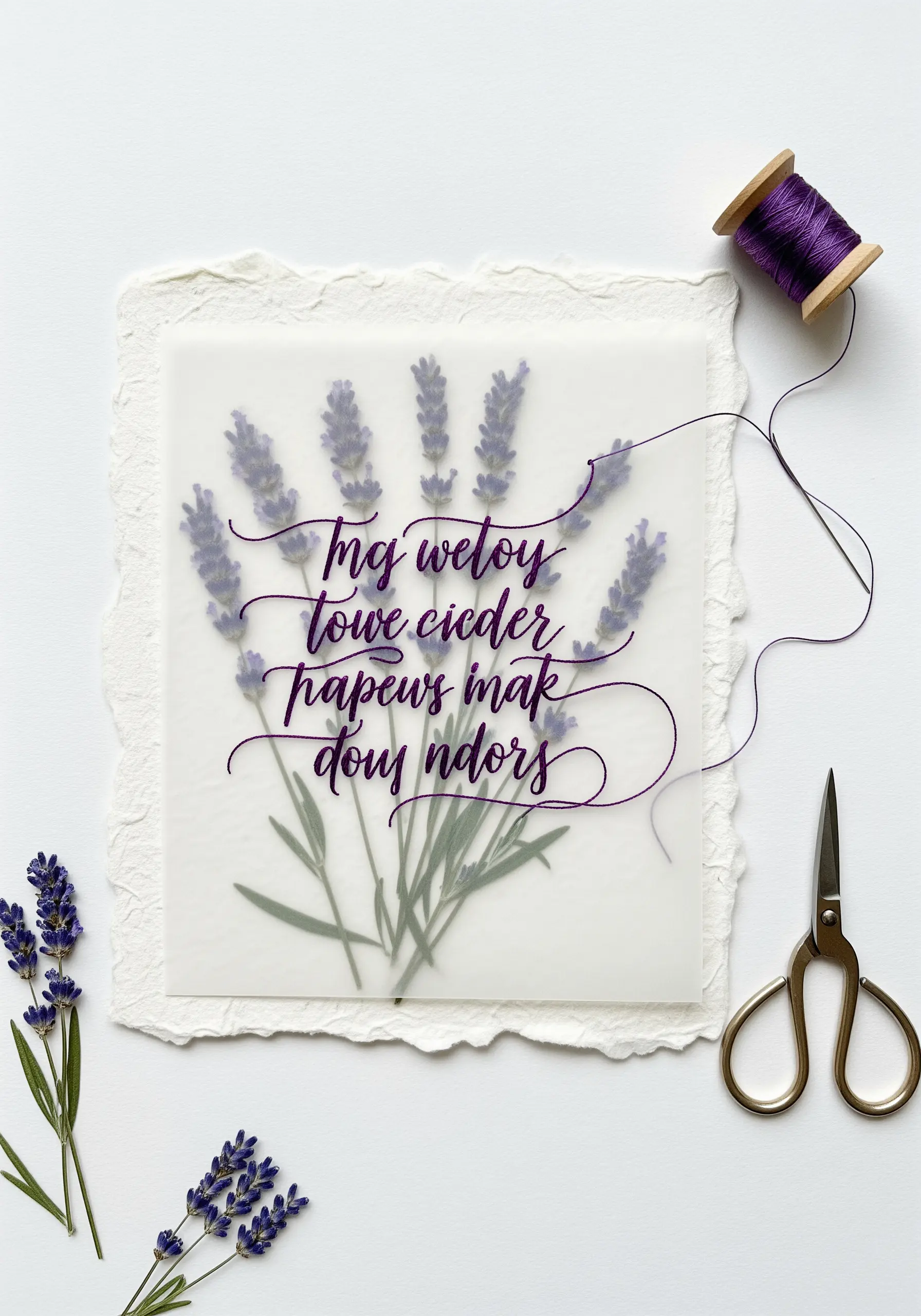 Pressed lavender visible through a translucent vellum sheet with an embroidered quote.