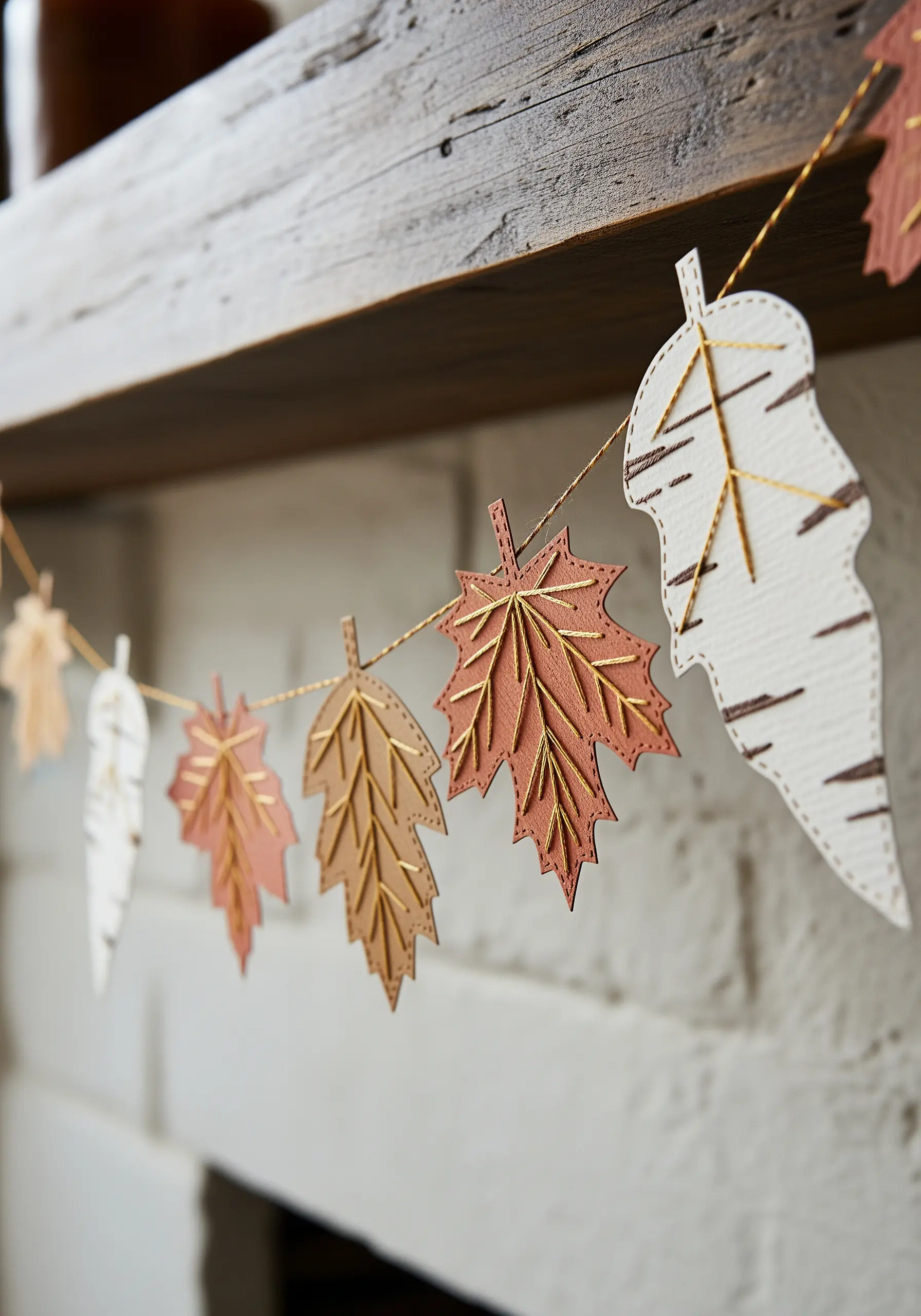 A garland made of paper autumn leaves with stitched vein details, hanging on a mantelpiece.