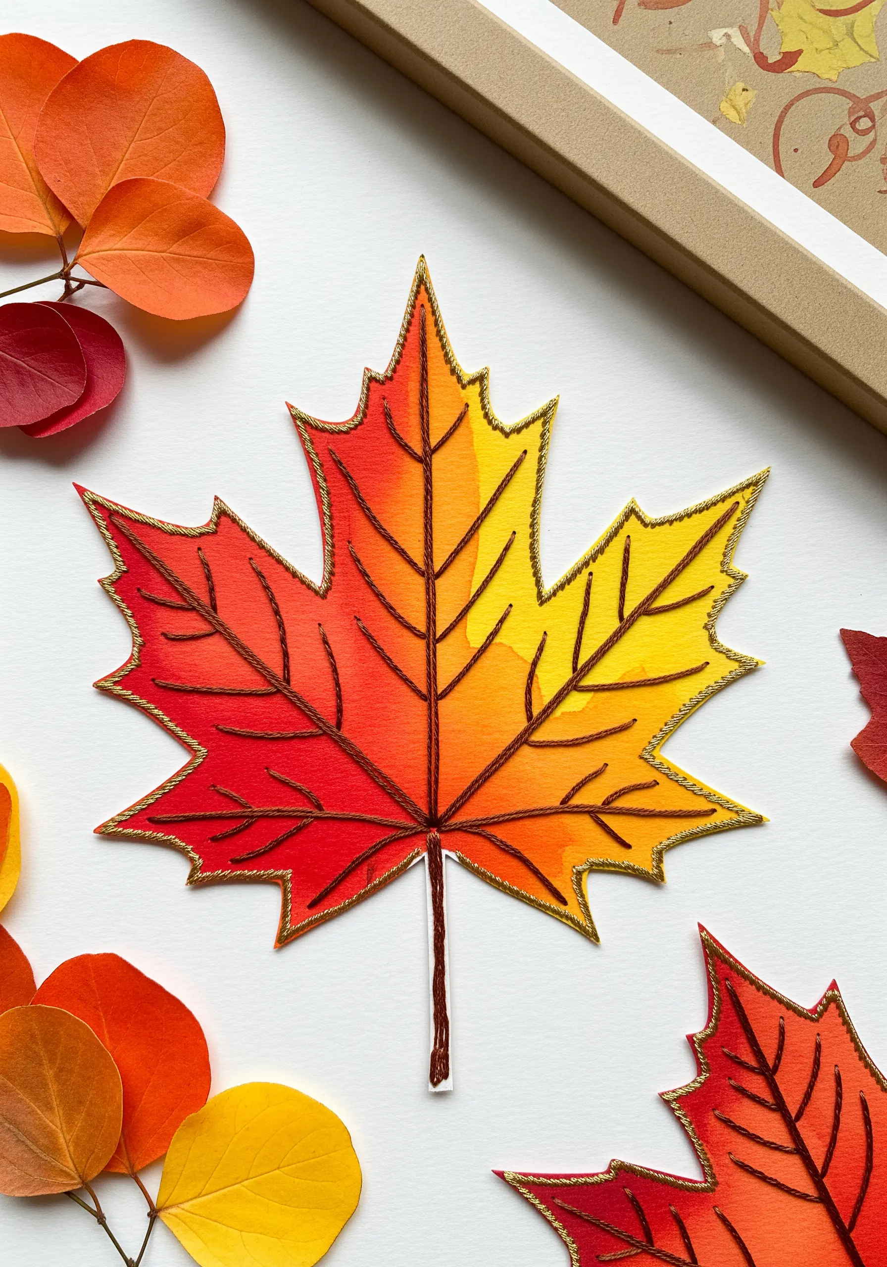 An autumn maple leaf painted with watercolor on paper, with stitched veins and a gold thread outline.