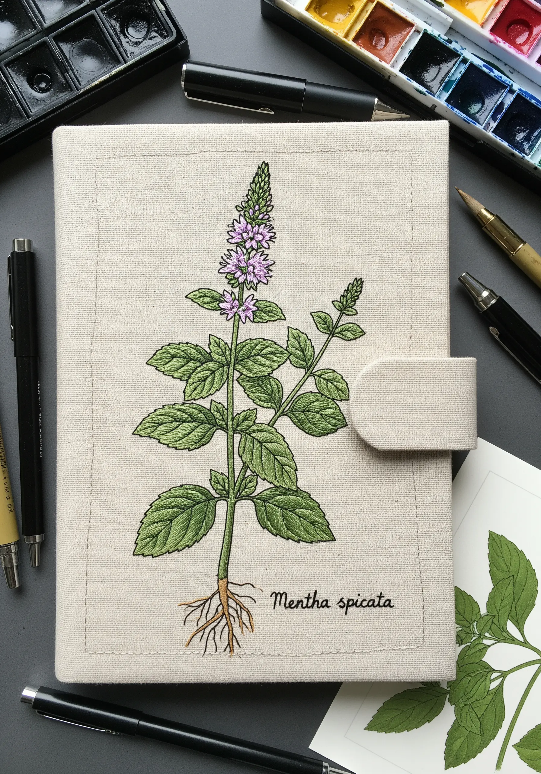 A scientific illustration of a mint plant stitched onto a canvas journal cover.