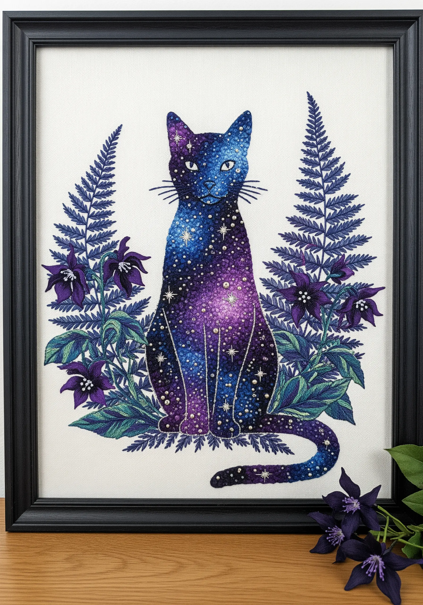 A cat silhouette filled with a purple and blue galaxy, framed by ferns.