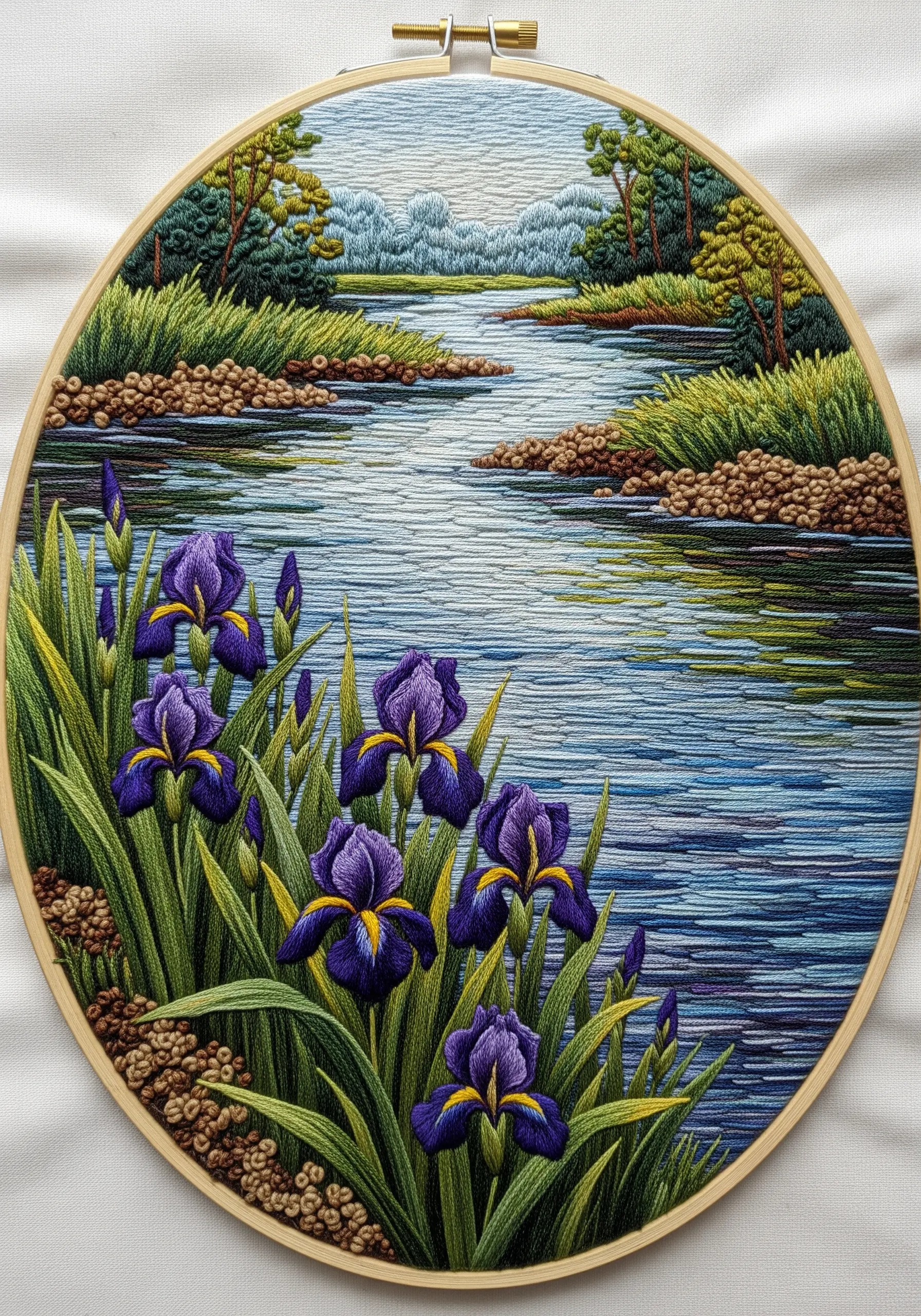 Embroidered landscape with purple irises, textured banks, and smooth water stitches.