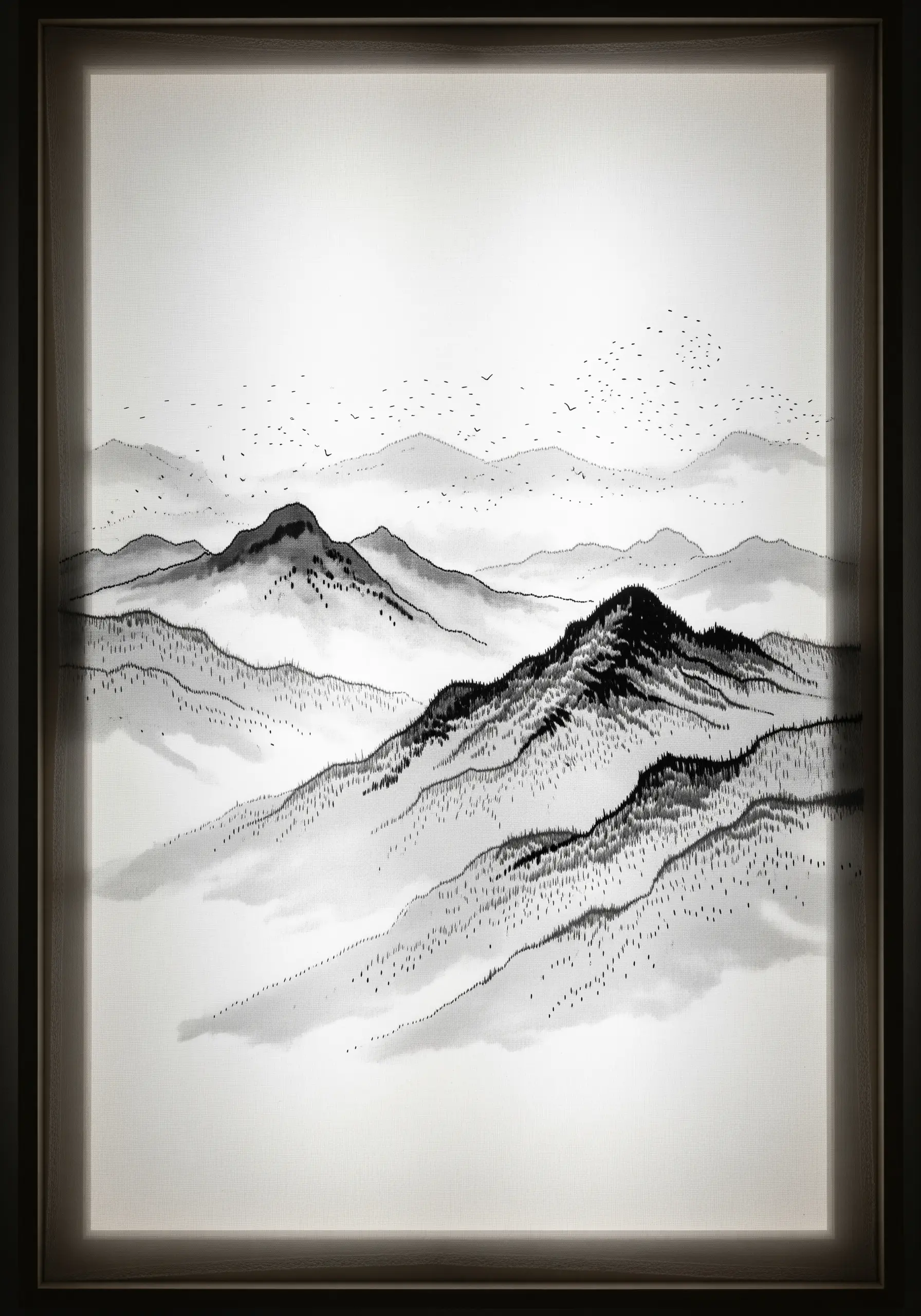 An embroidered landscape mimicking a monochrome ink wash painting with mountains and mist.