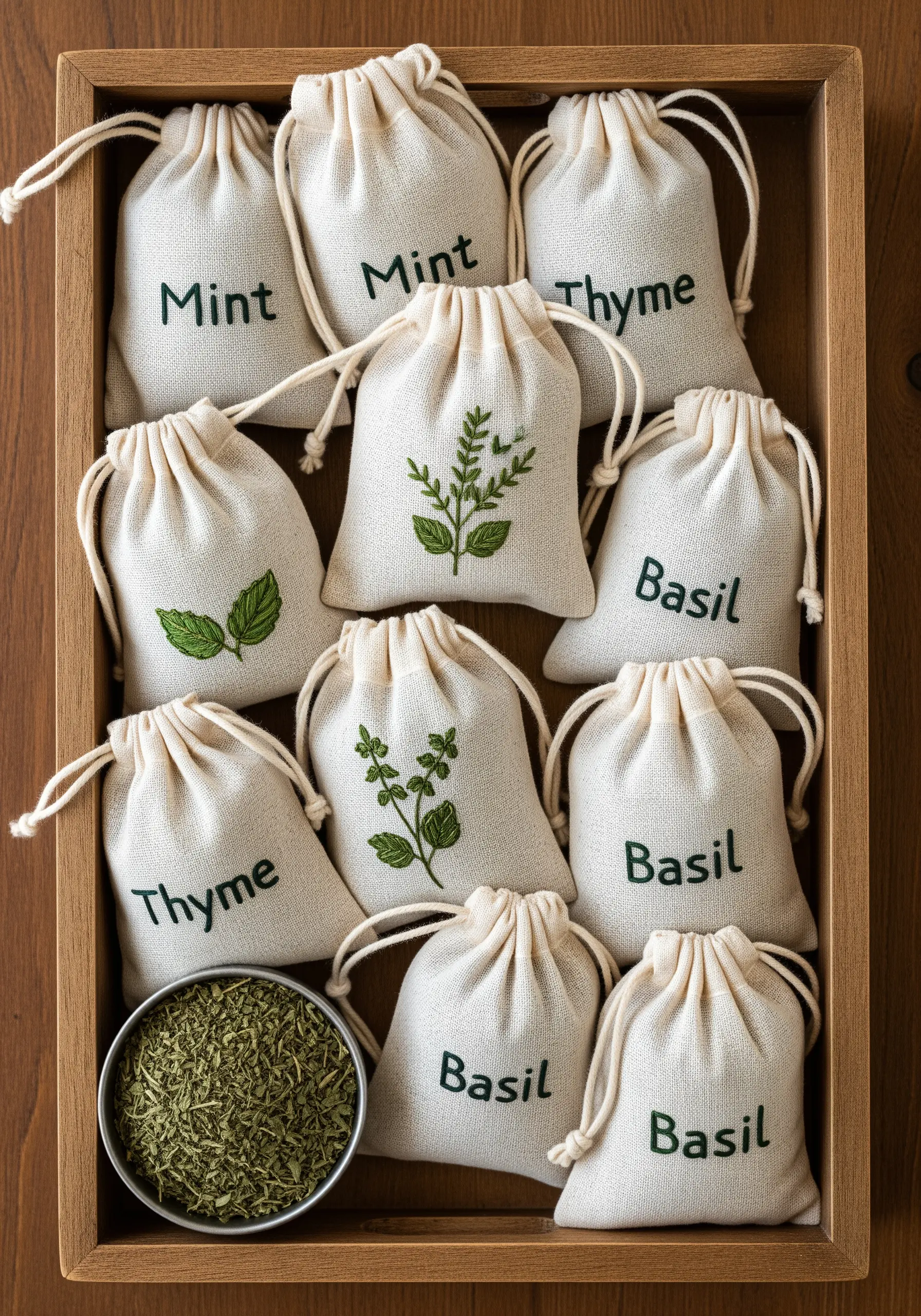 Muslin drawstring bags with simple embroidered herbs and handwritten-style labels like 'Mint' and 'Thyme'.