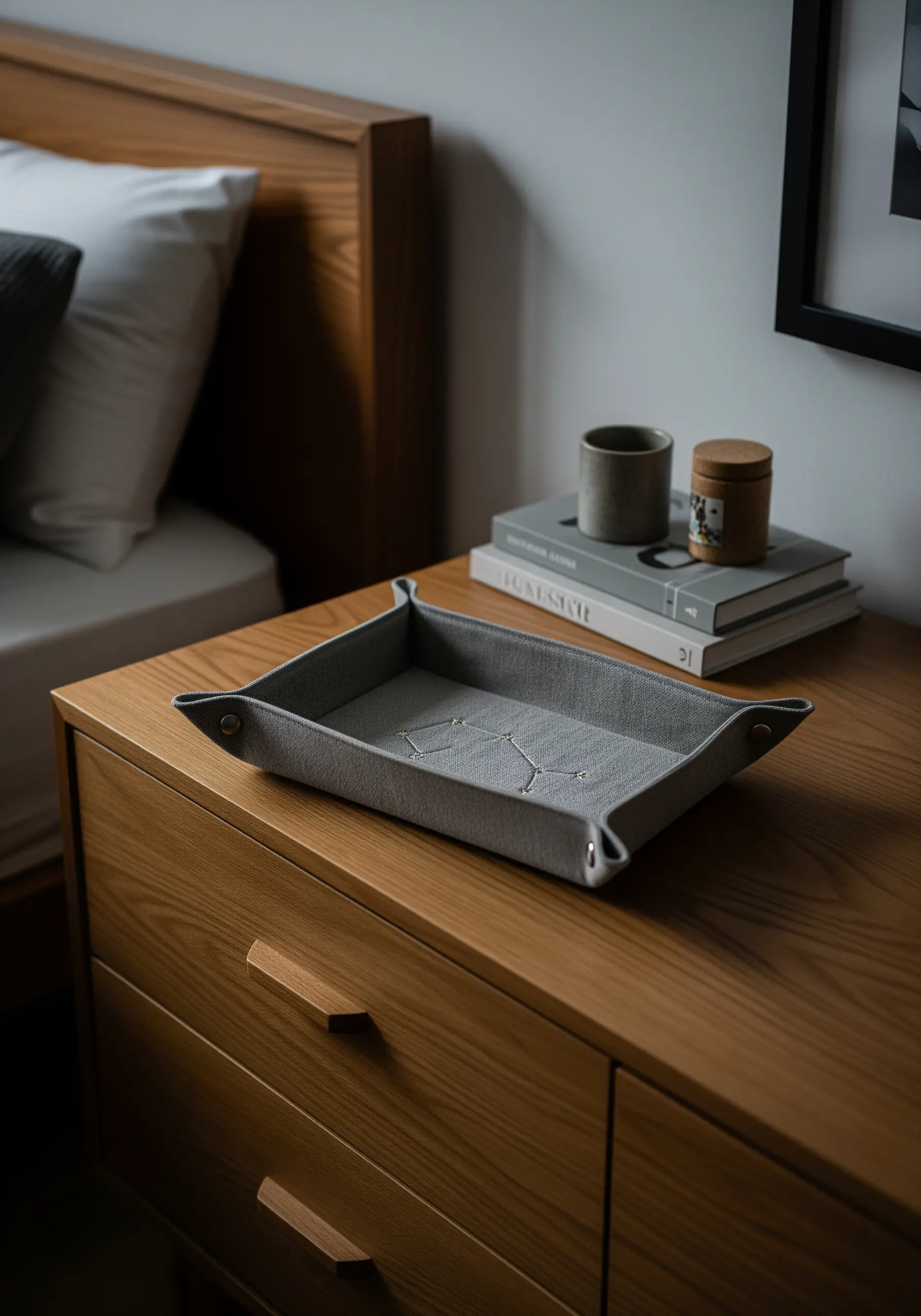 A minimalist constellation embroidered in light thread on a gray fabric valet tray.