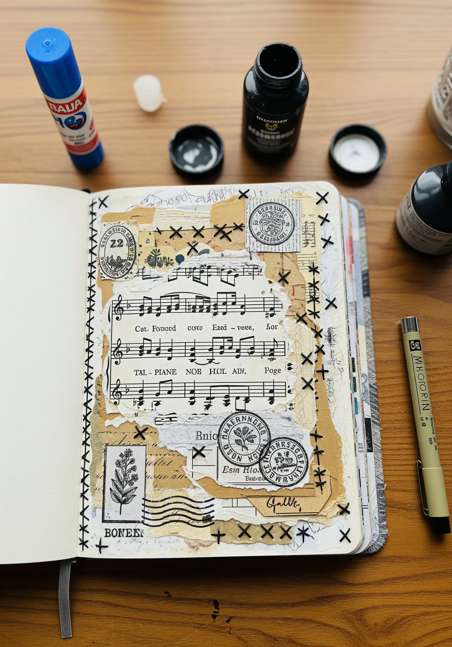 Art journal page with cross stitch binding paper scraps