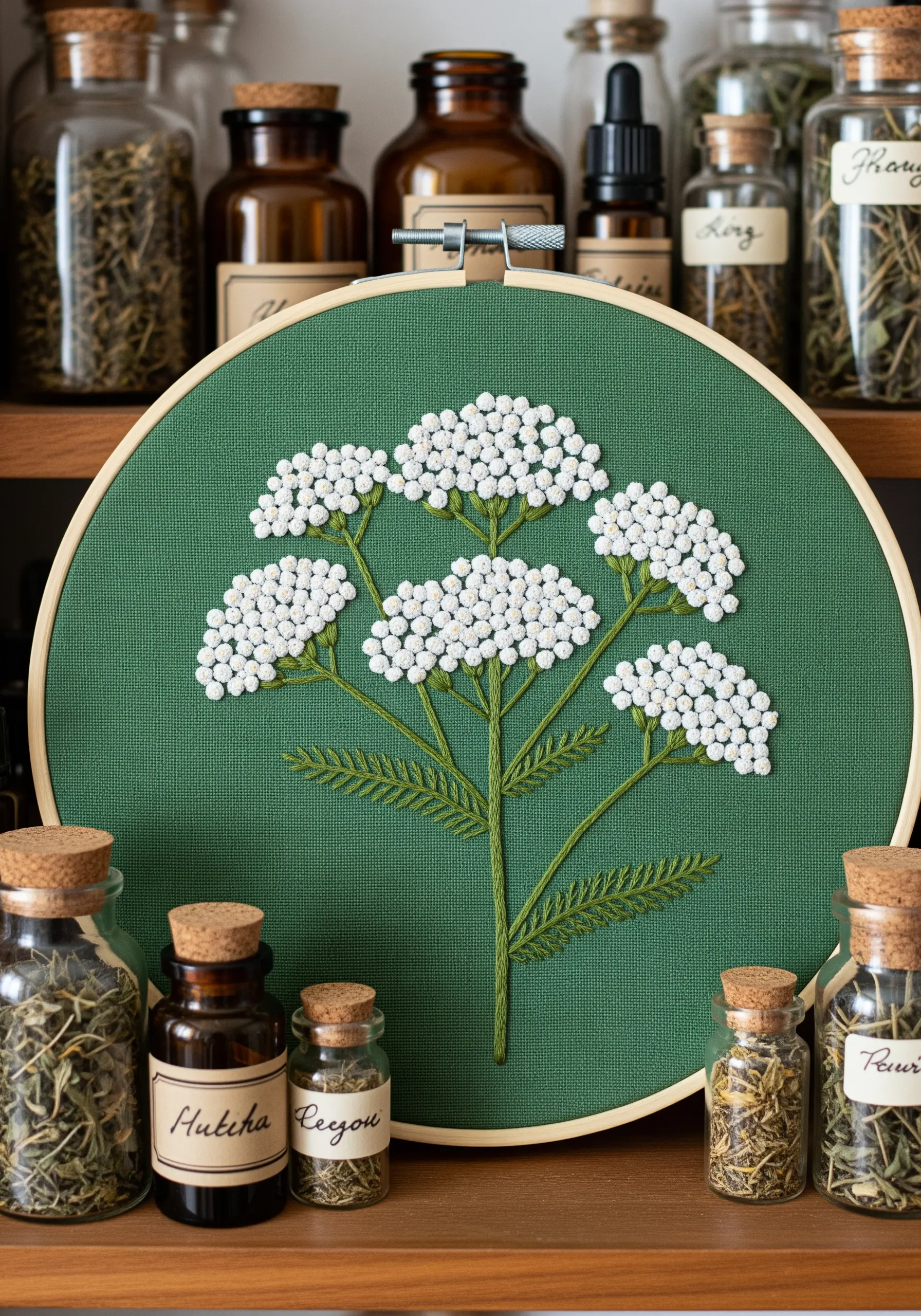 Yarrow plant embroidered with white French knot clusters and green fern stitch leaves.