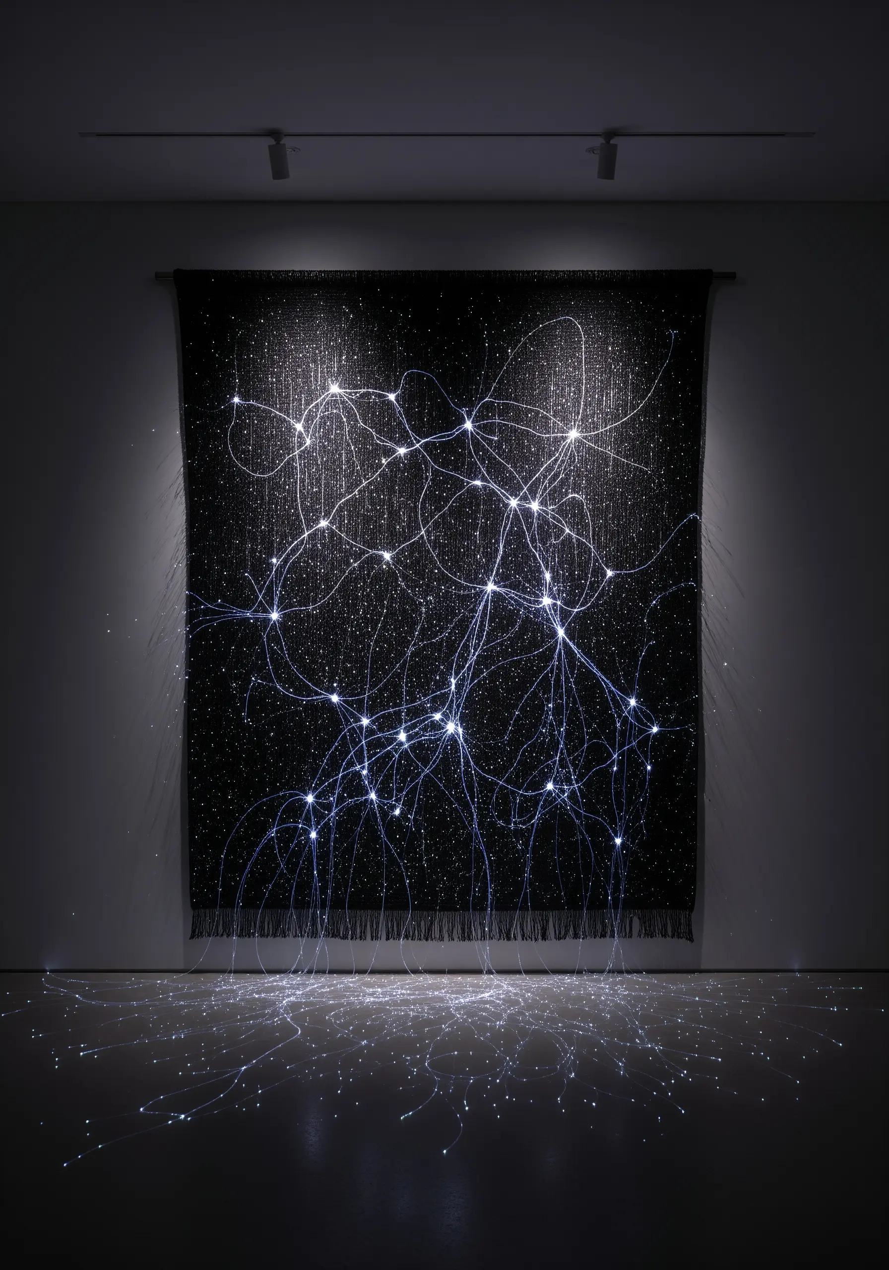 A black tapestry with glowing fiber optic threads creating a pattern like a neural network.