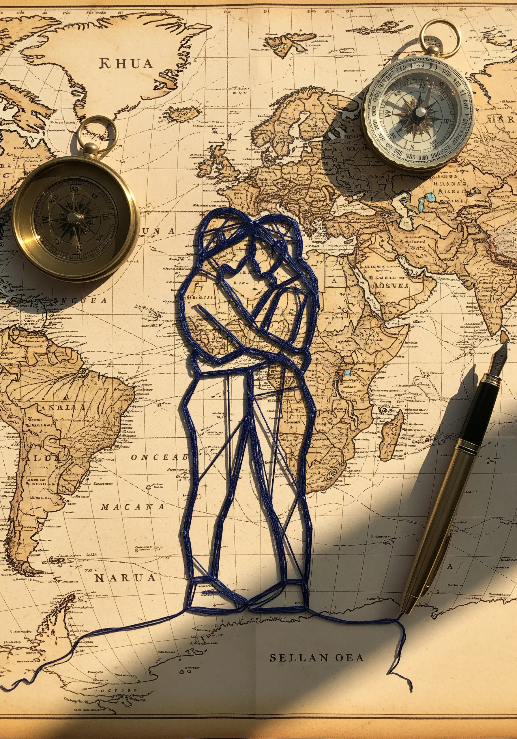 A portrait of an embracing couple stitched with chaotic blue thread onto a vintage world map.