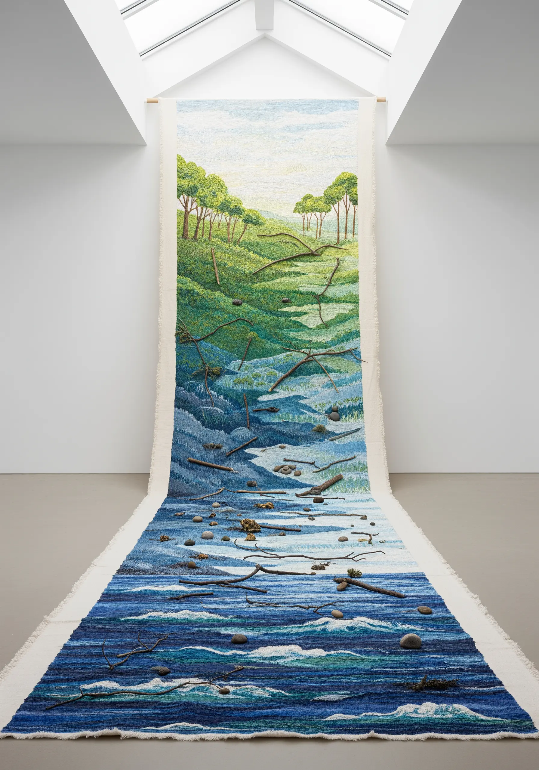 A very long embroidered tapestry depicting a river landscape, flowing from a wall down onto the floor.