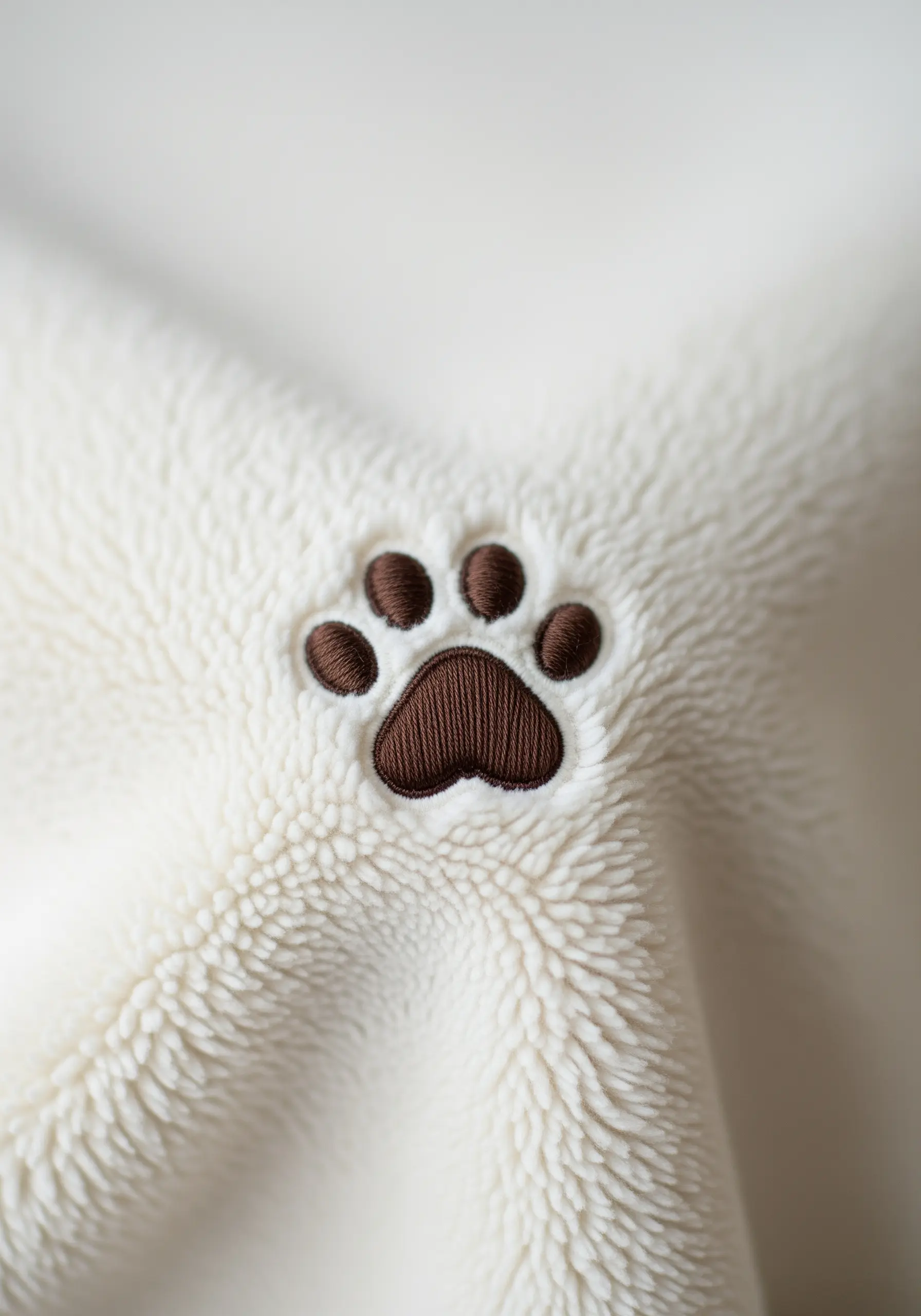 A cleanly embroidered brown paw print on a soft, high-pile white fleece blanket.