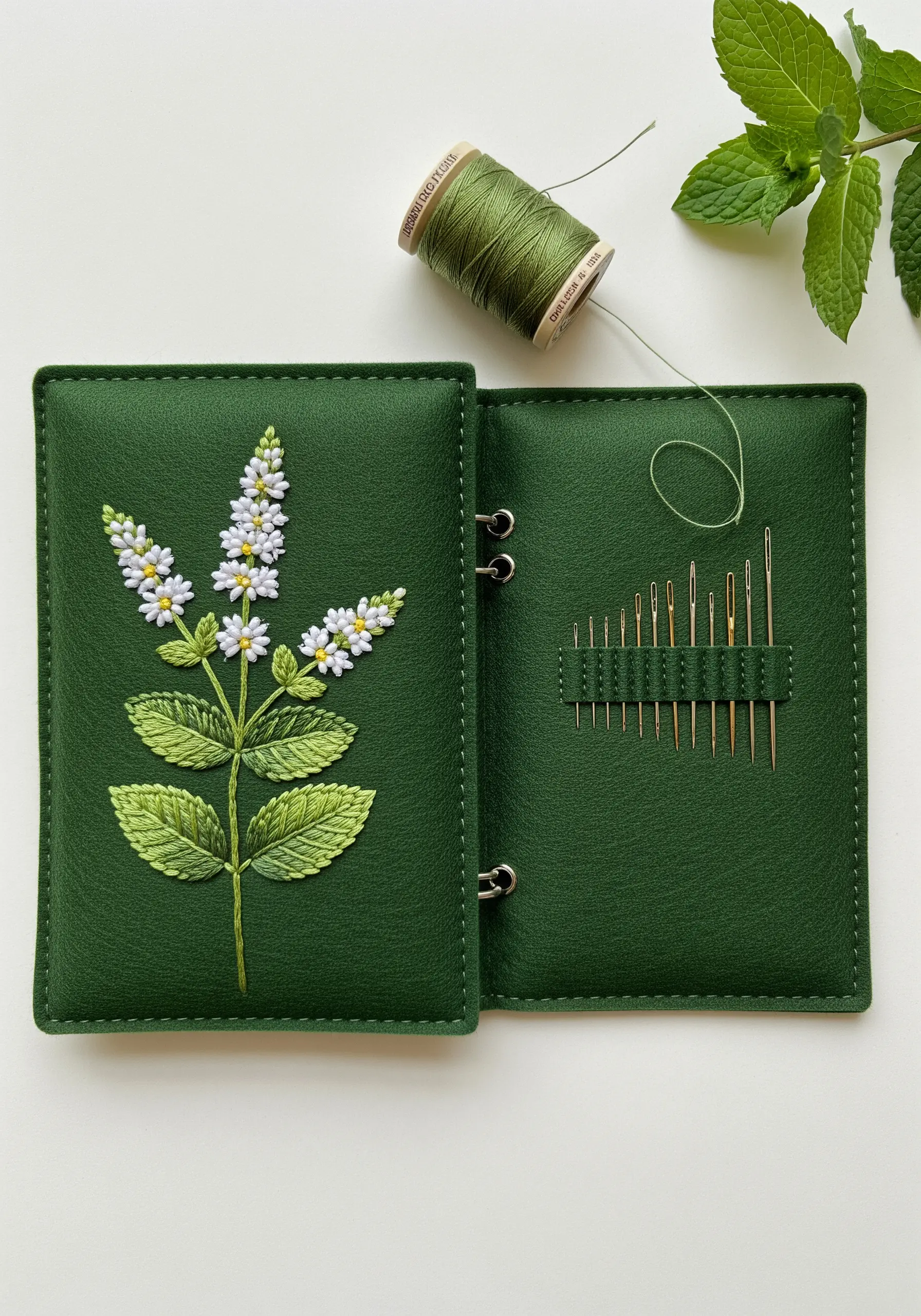 A dark green faux leather needle book embroidered with a delicate mint blossom sprig.