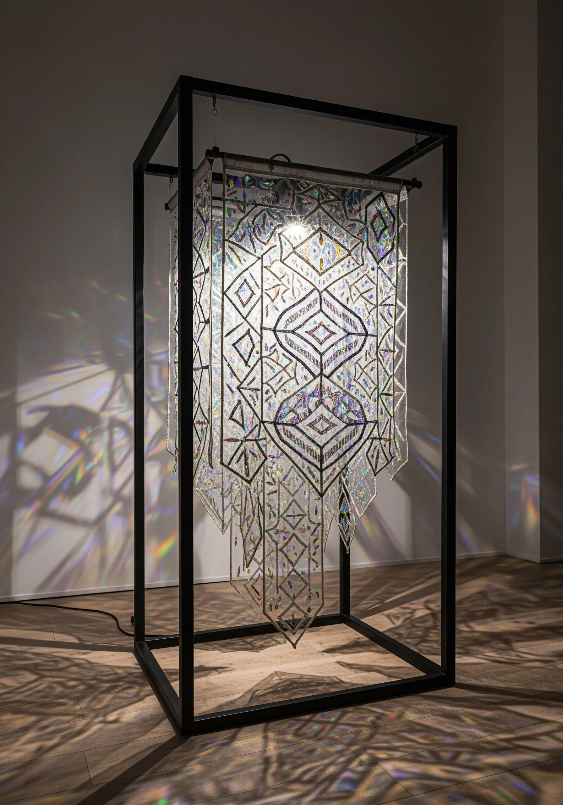 A geometric pattern stitched onto an iridescent panel, framed in a black box and backlit.