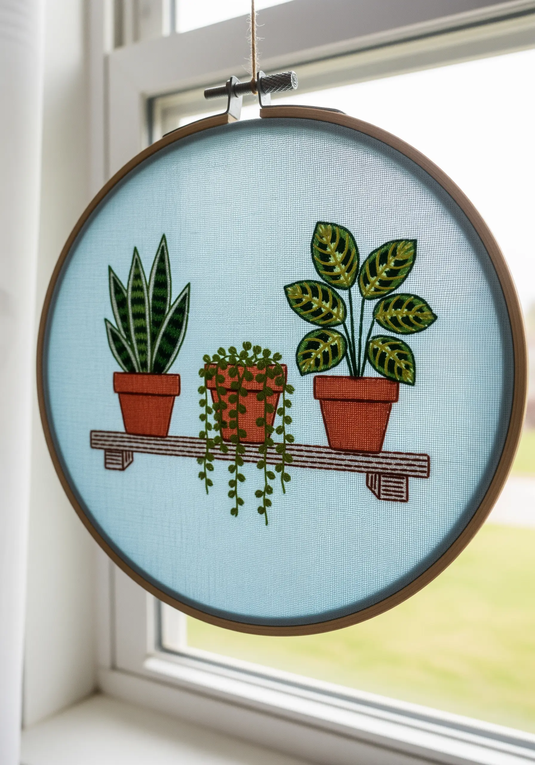 Embroidered potted plants on a shelf stitched on light blue sheer fabric.