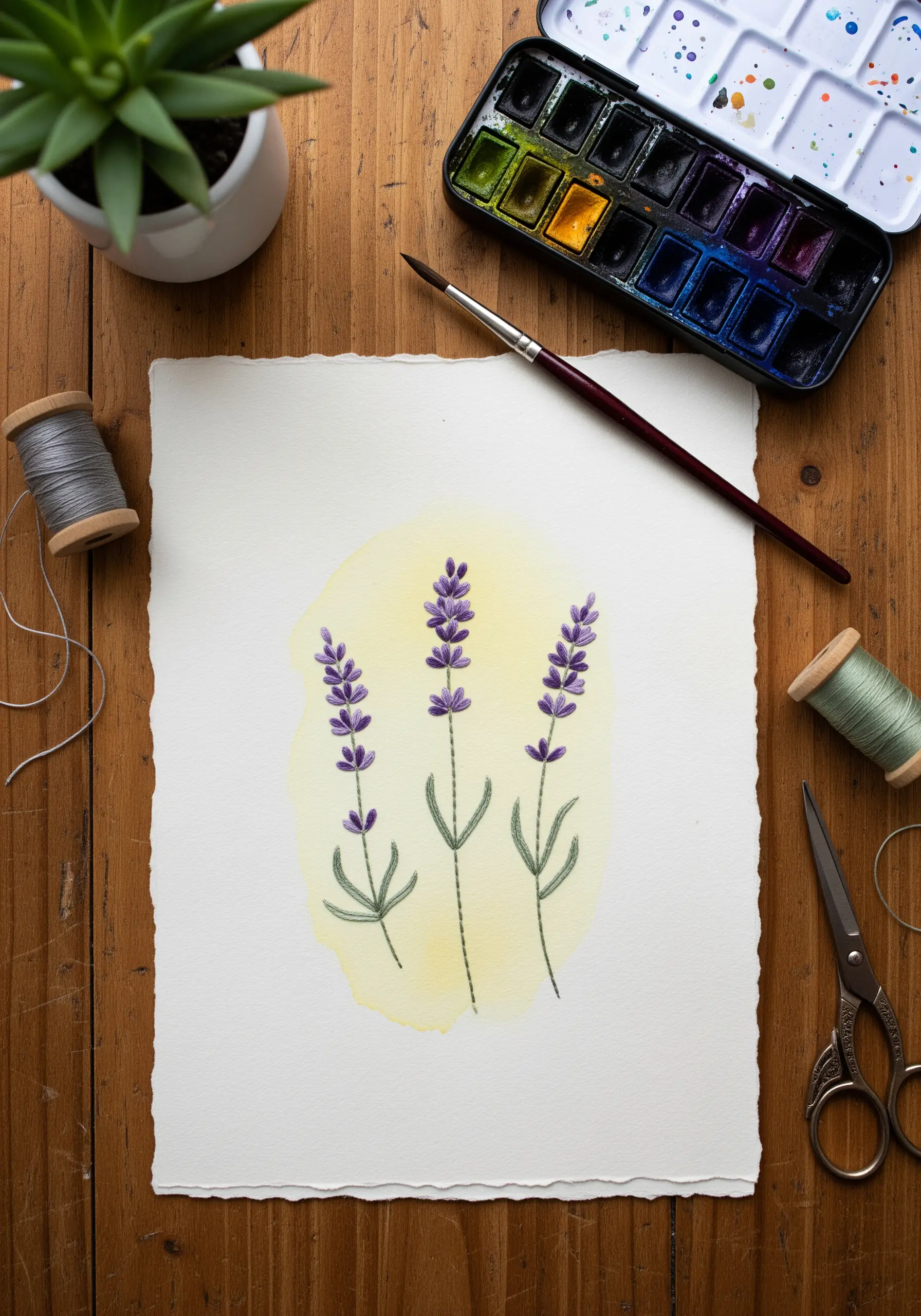 Lavender stalks embroidered on watercolor-painted paper.