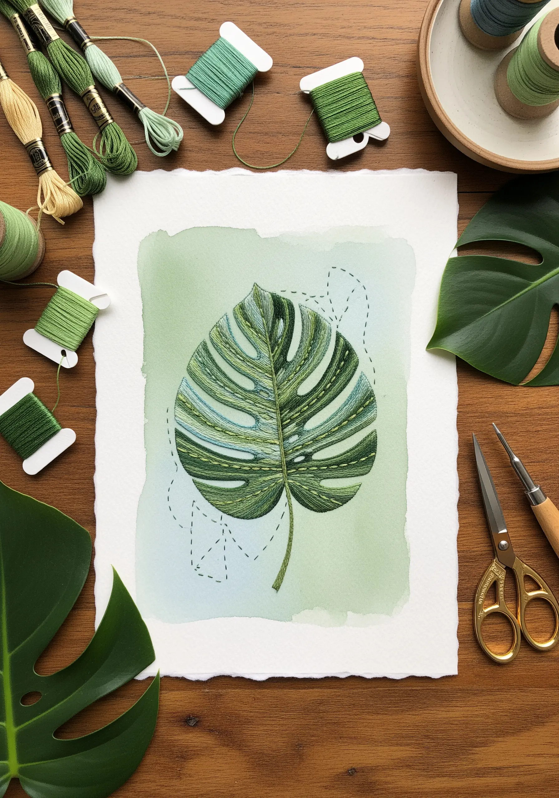 Embroidered Monstera leaf on watercolor-painted paper with green thread spools.