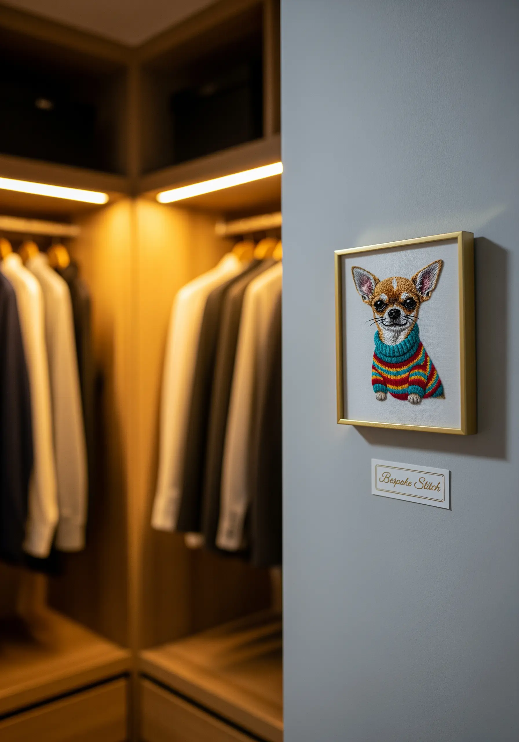 A small chihuahua portrait embroidered wearing a colorful striped sweater.