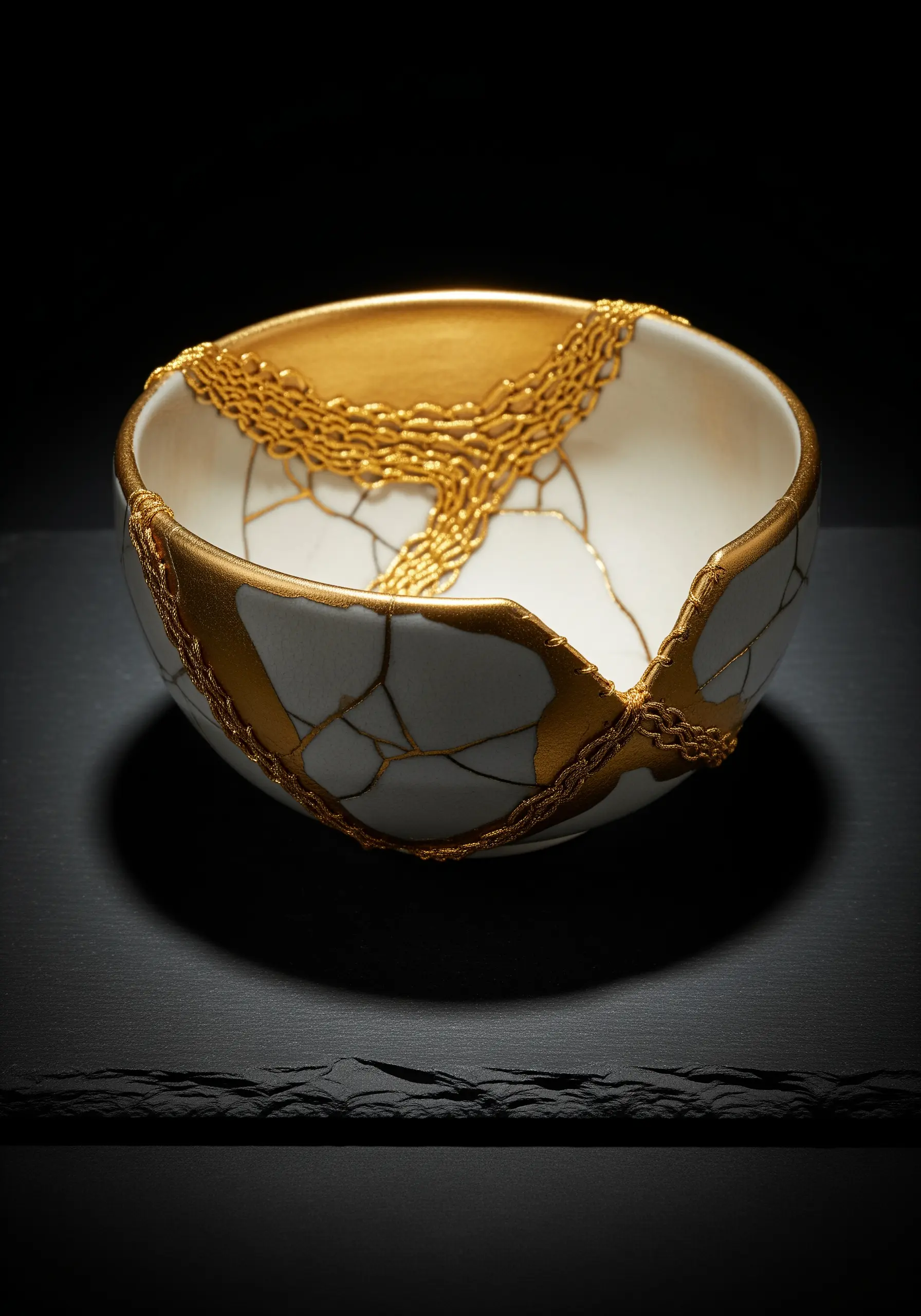 A white ceramic bowl repaired with gold, in the style of Japanese Kintsugi.