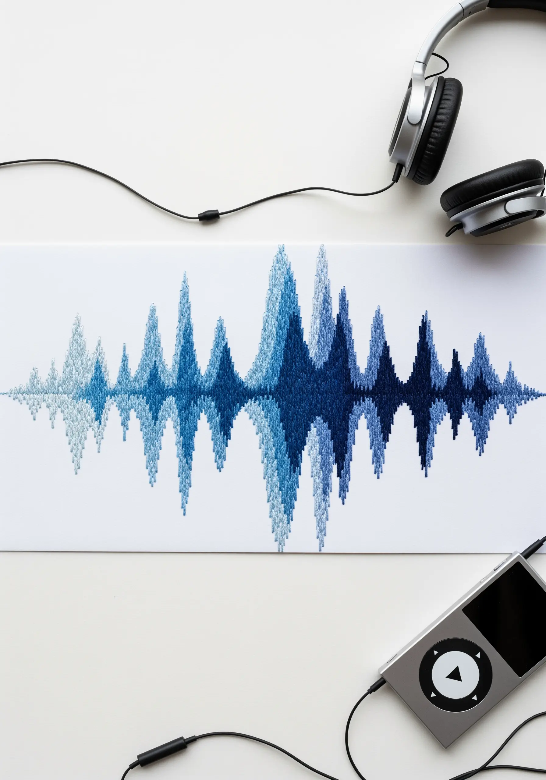 A soundwave pattern embroidered with vertical satin stitches in shades of blue.