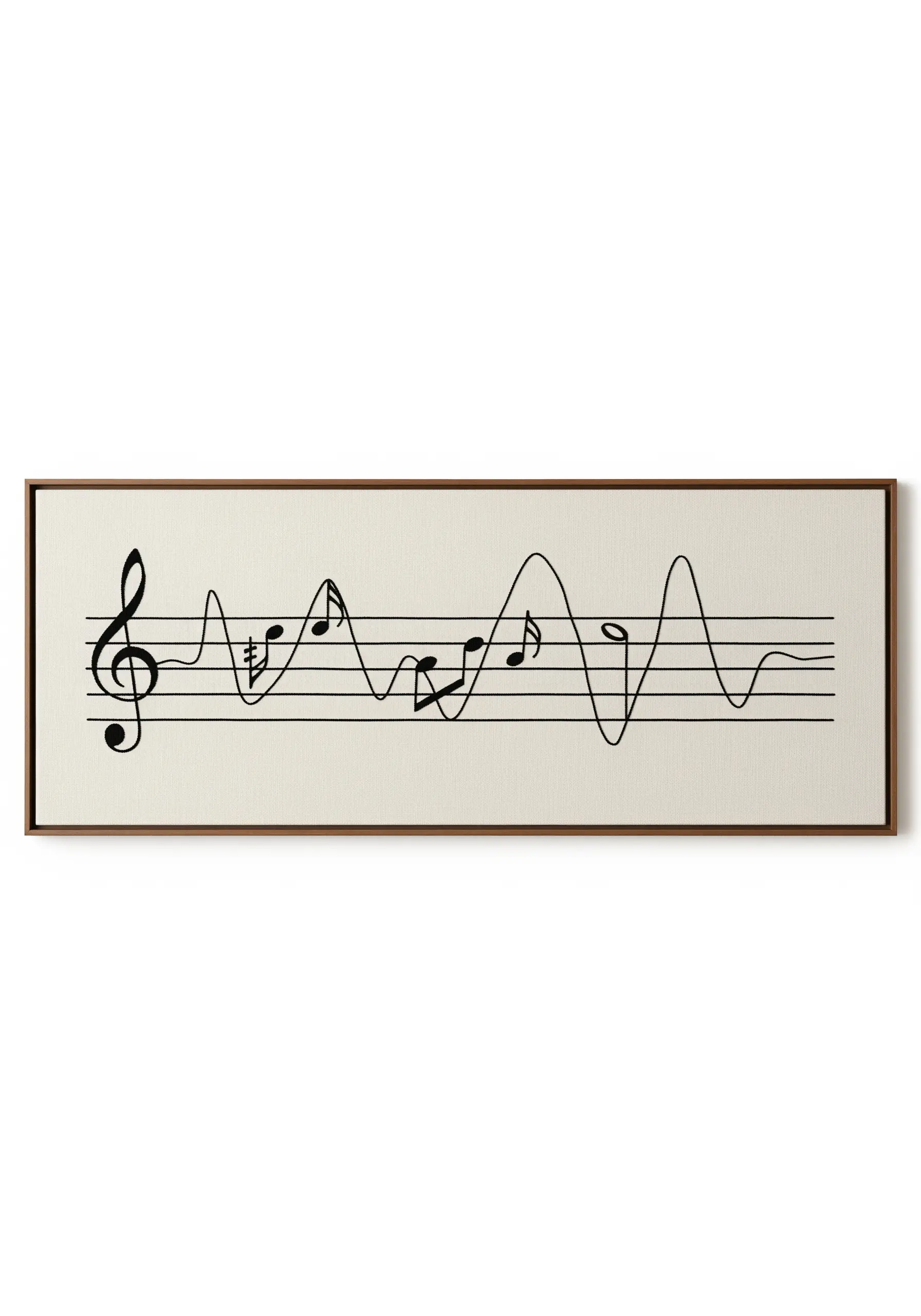 A line of musical notes on a staff, embroidered in black thread on a long canvas.