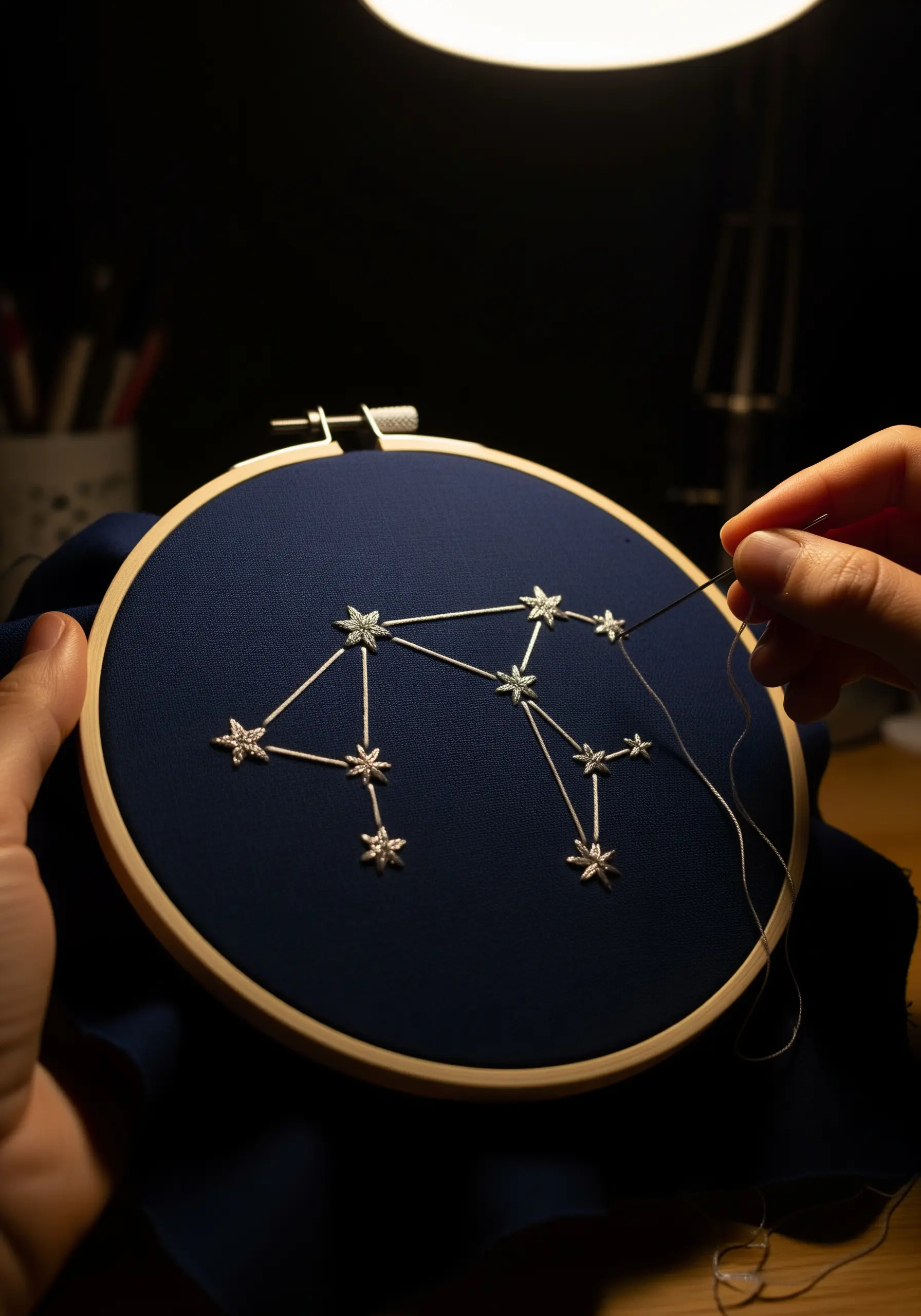 A silver metallic thread constellation embroidered on dark blue fabric.