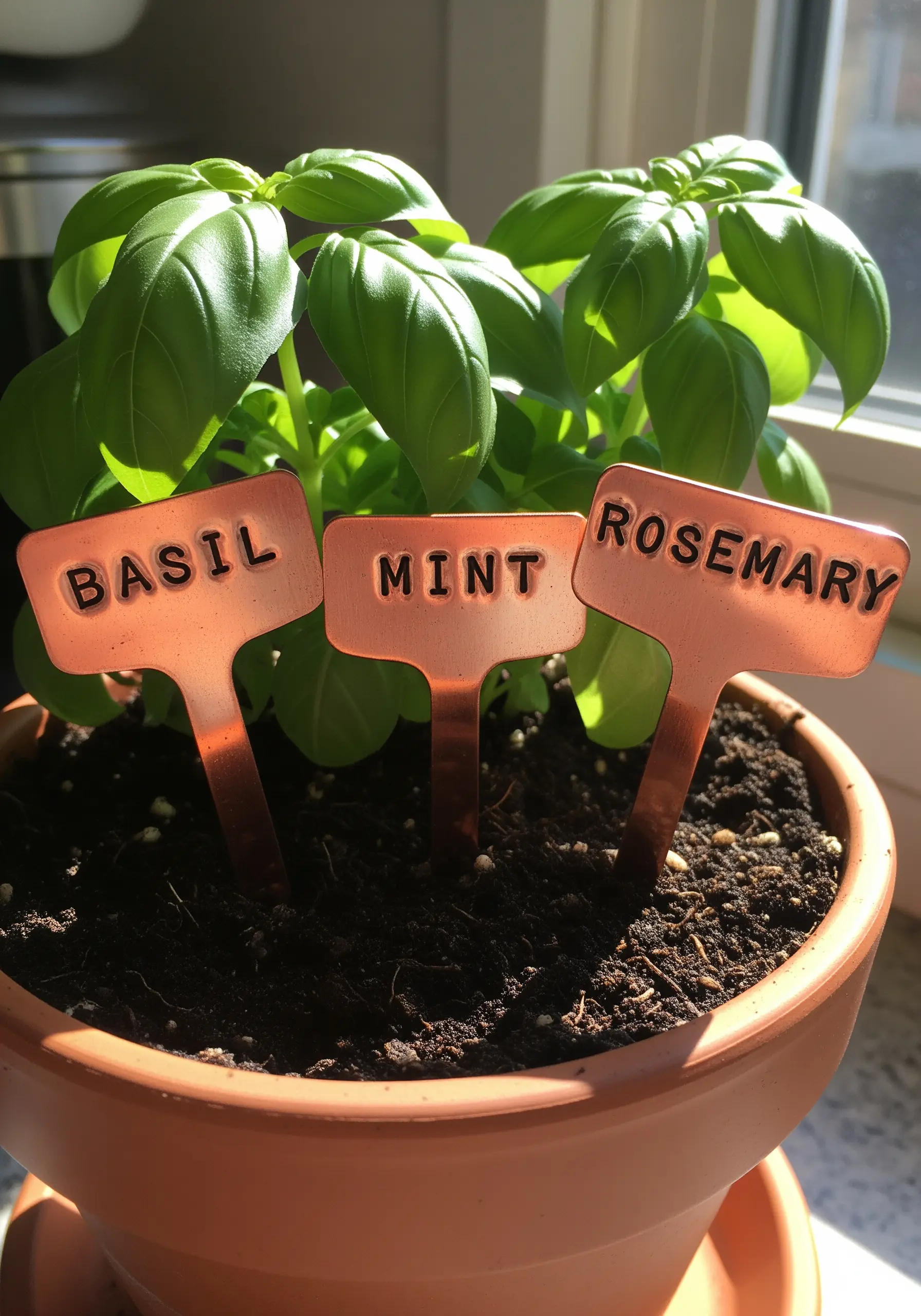 Stamped copper plant markers for basil, mint, and rosemary in a terracotta pot.