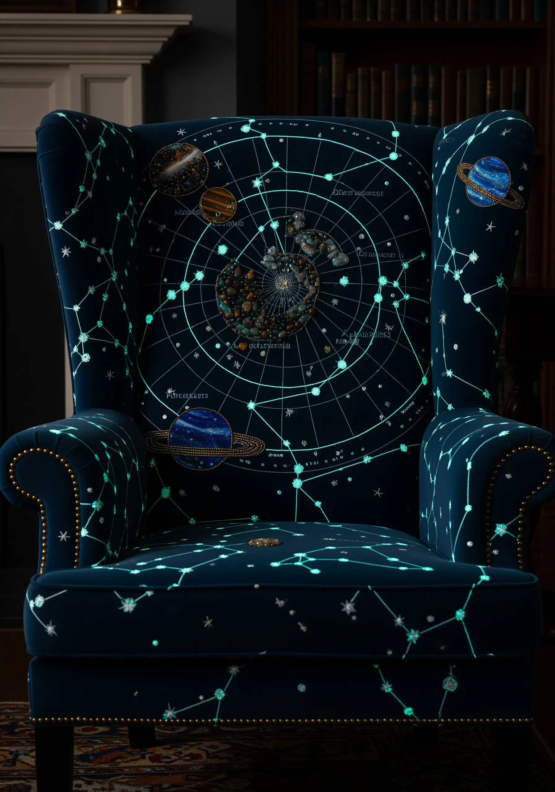 A dark blue armchair embroidered with a celestial map using glow-in-the-dark thread.