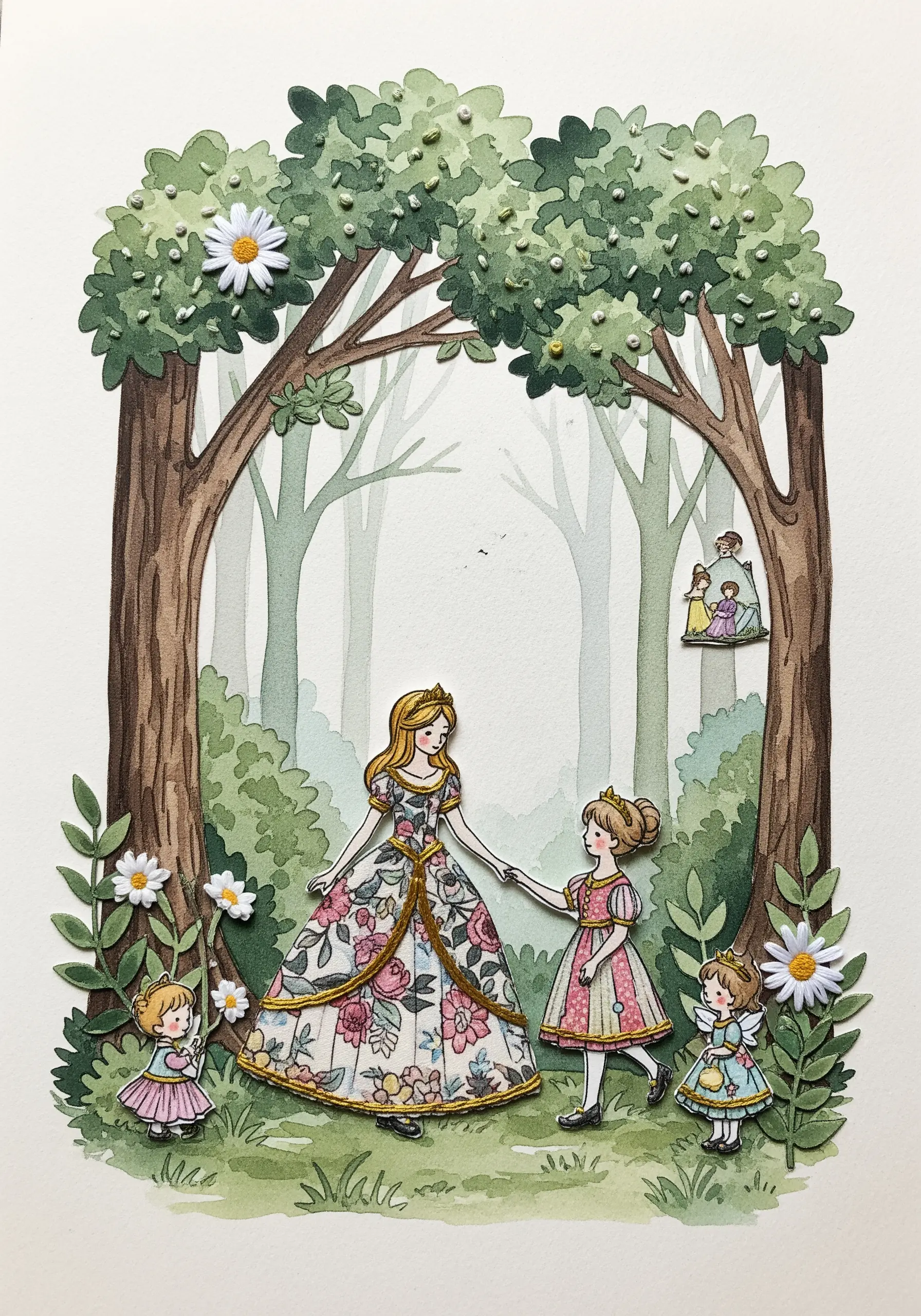 A watercolor illustration of a fairytale scene with layered paper cutouts and tiny embroidered details.