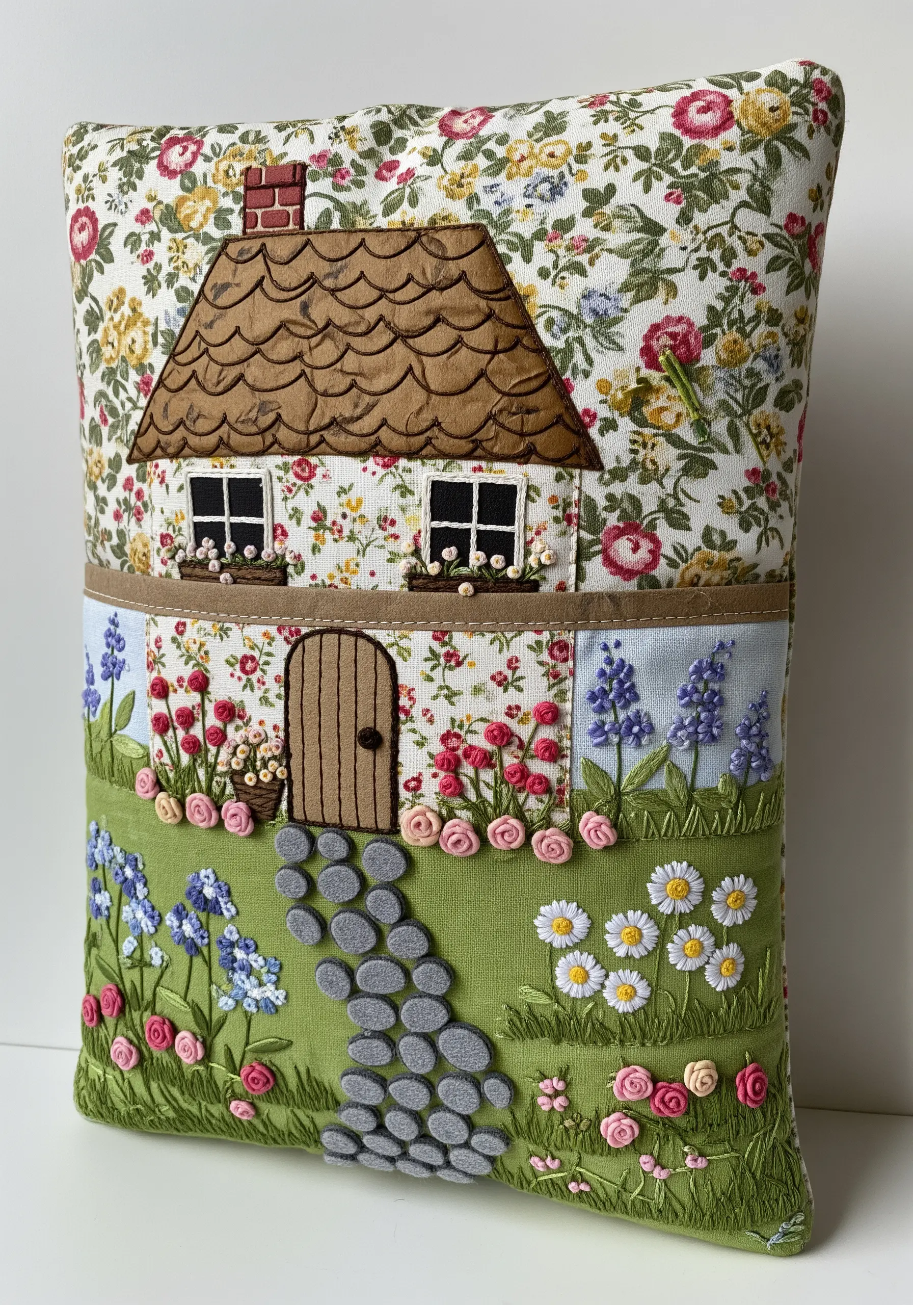 A decorative pillow with an appliqué cottage and a garden of 3D embroidered flowers and a felt path.