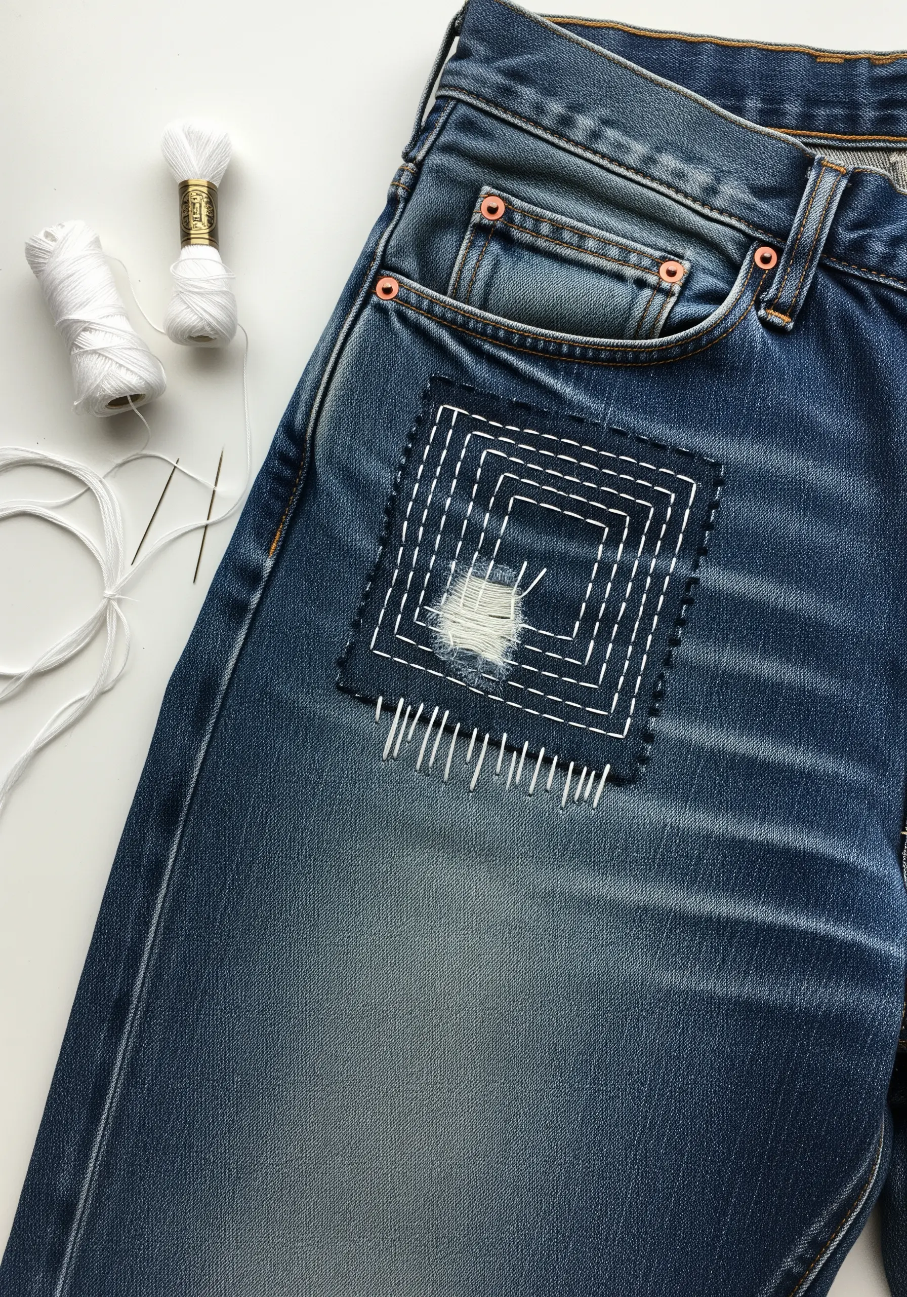 Sashiko geometric stitching on denim pocket repair