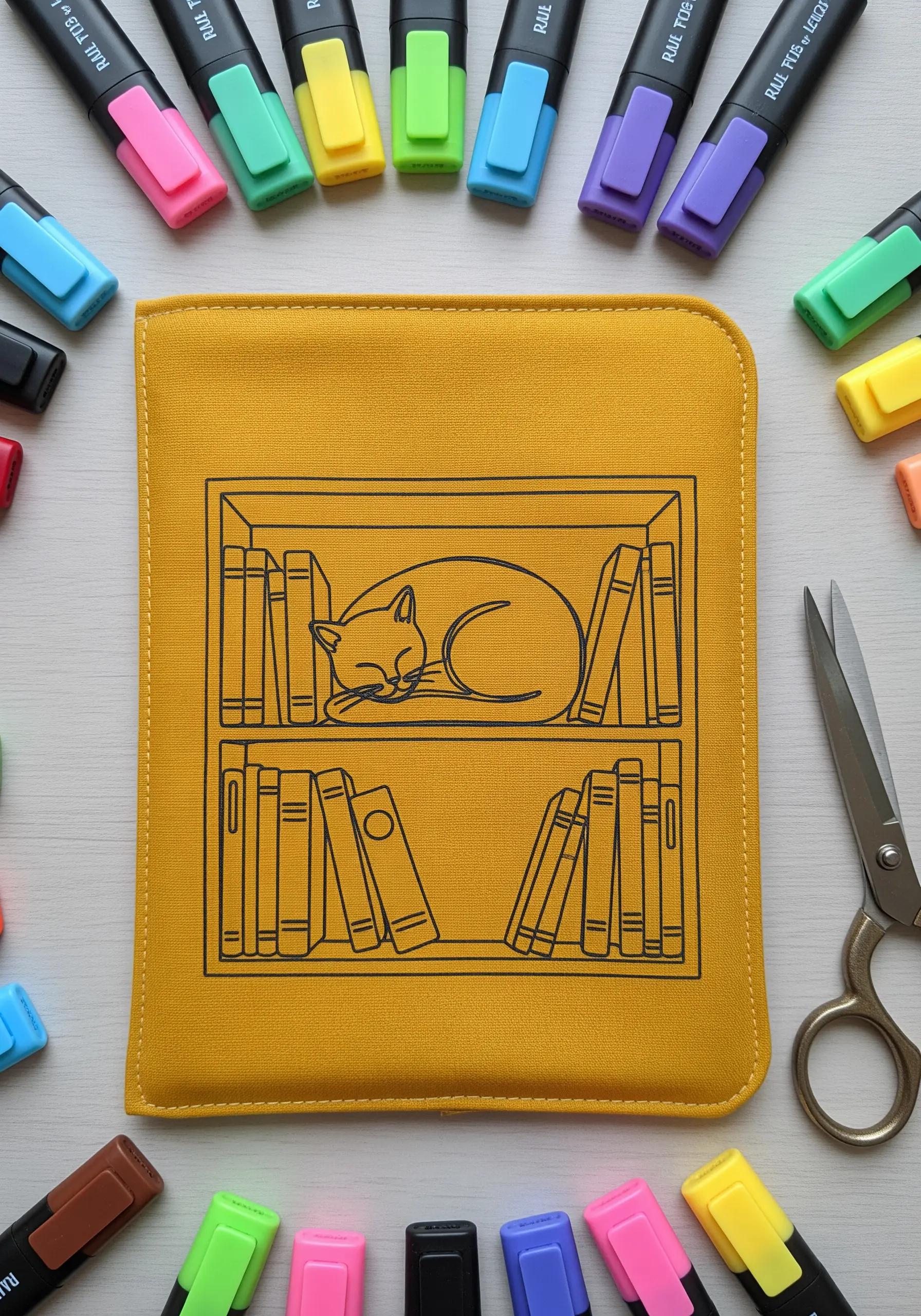 Yellow book sleeve with black line embroidery of a cat sleeping on a bookshelf