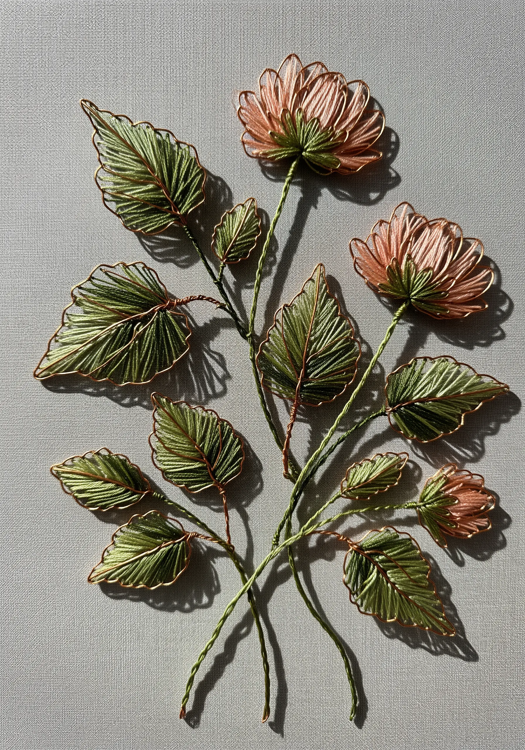3D floral embroidery with wire-framed petals filled with green and pink thread.