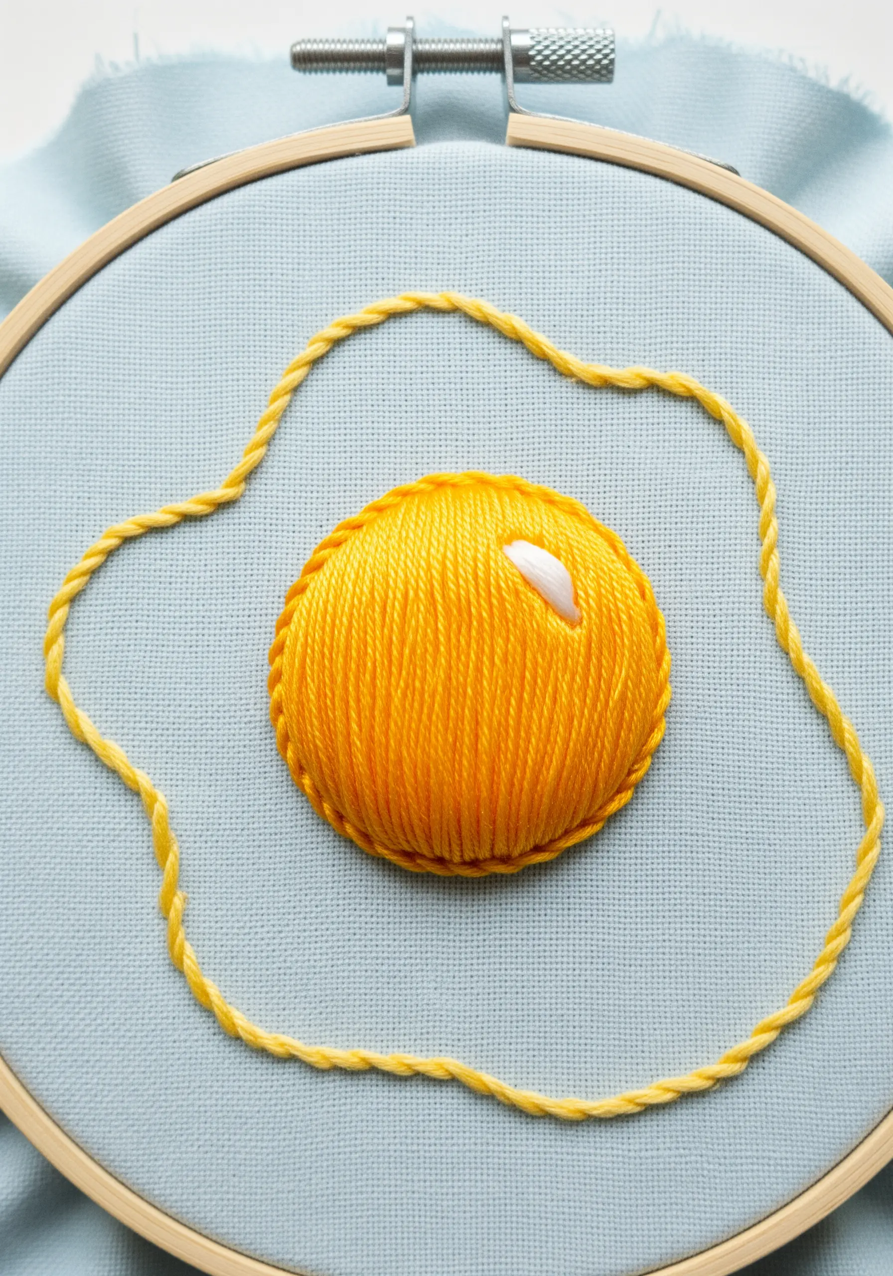 Fried egg embroidery with a padded 3D yolk