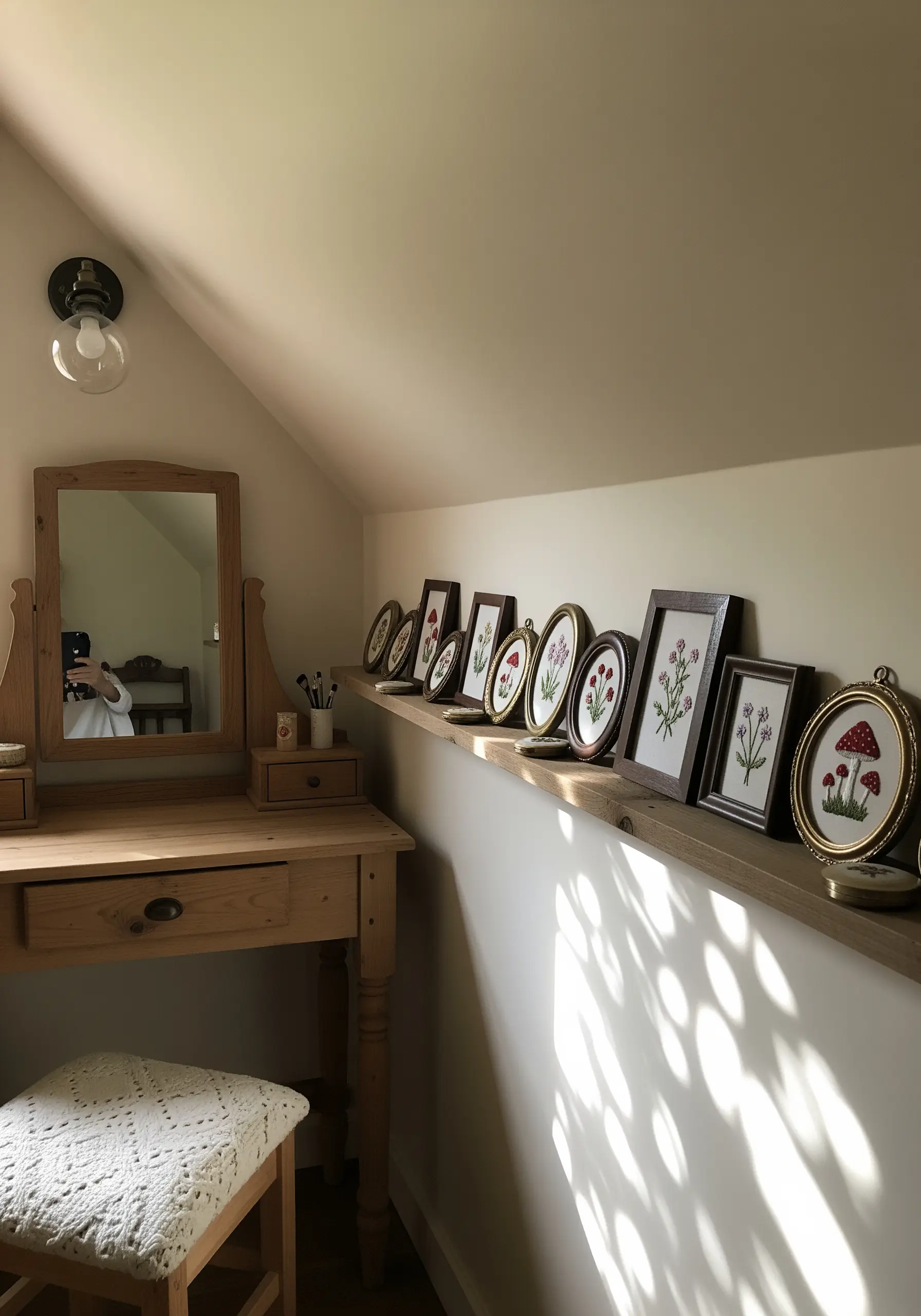 A long wooden shelf under a slanted ceiling, displaying a collection of framed embroideries.