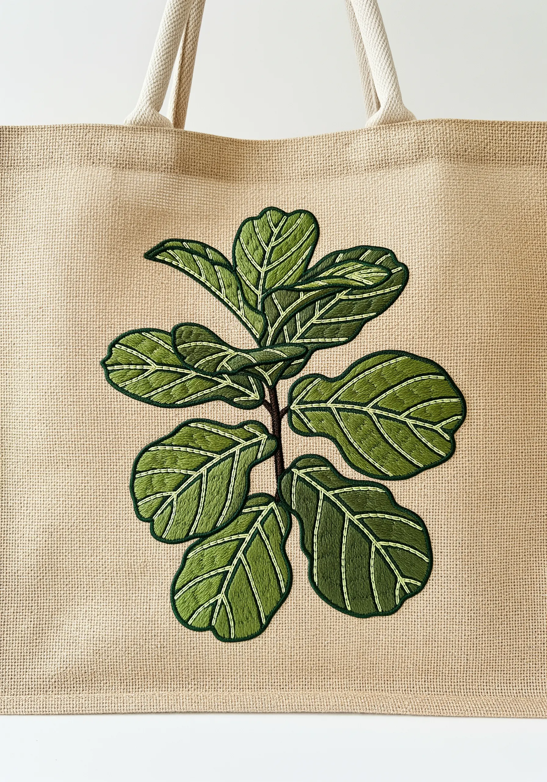 Stylized fiddle-leaf fig embroidery with bold outlines and veins on a natural jute tote.