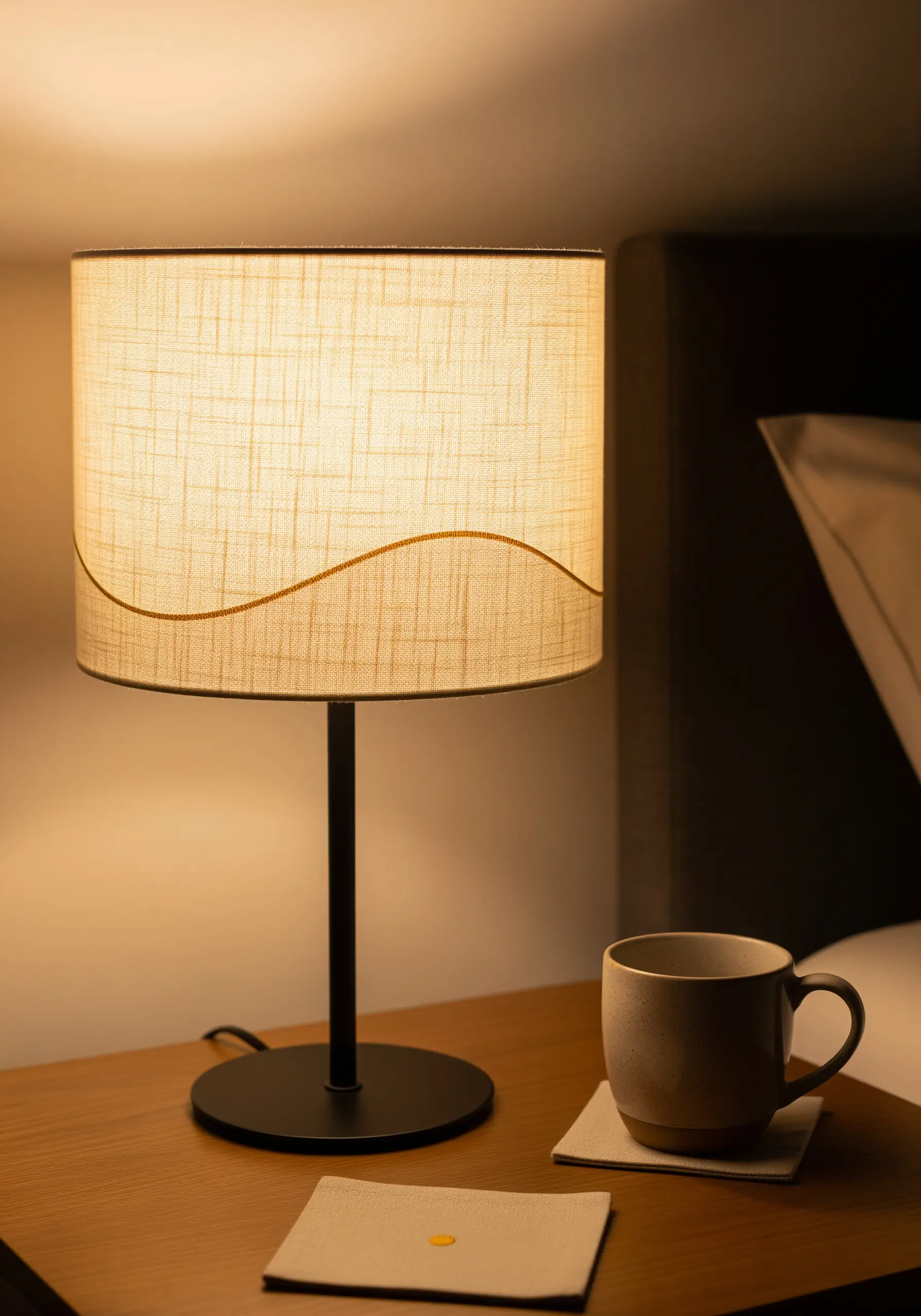 A single, wavy embroidered line on a textured linen lampshade.