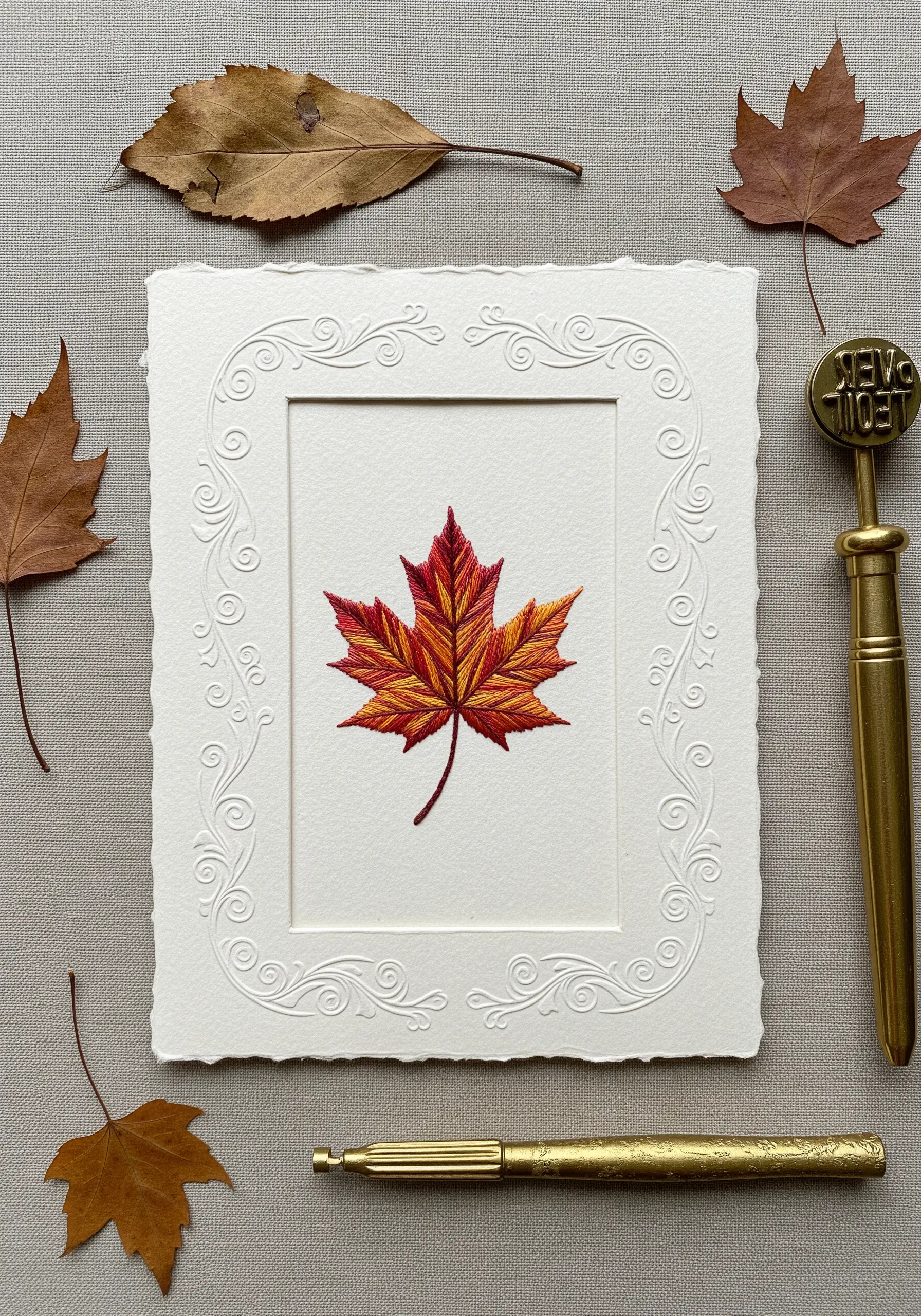 An embroidered autumn maple leaf matted with white paper featuring an embossed vine border.