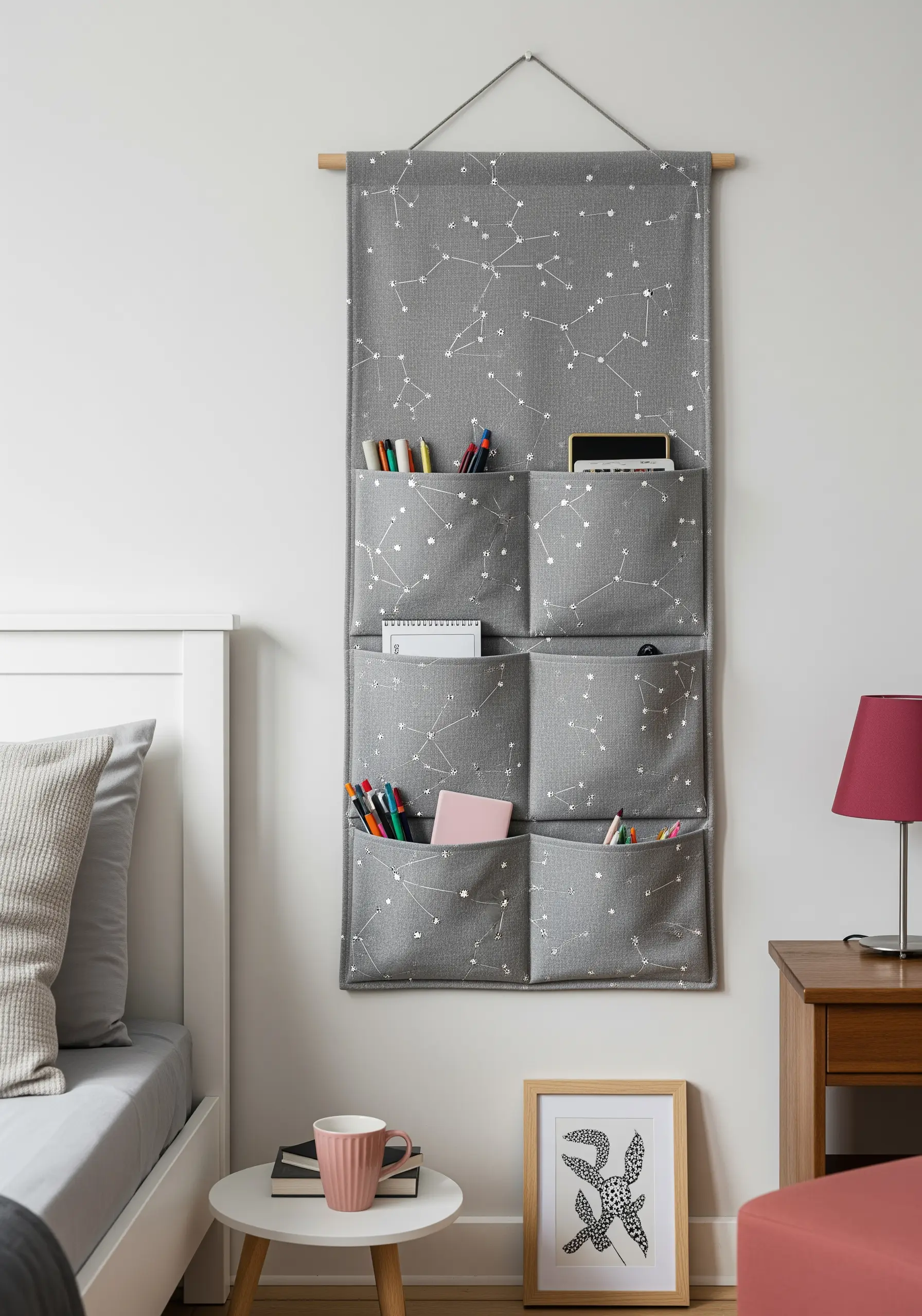 A grey fabric wall organizer with a white printed constellation pattern.