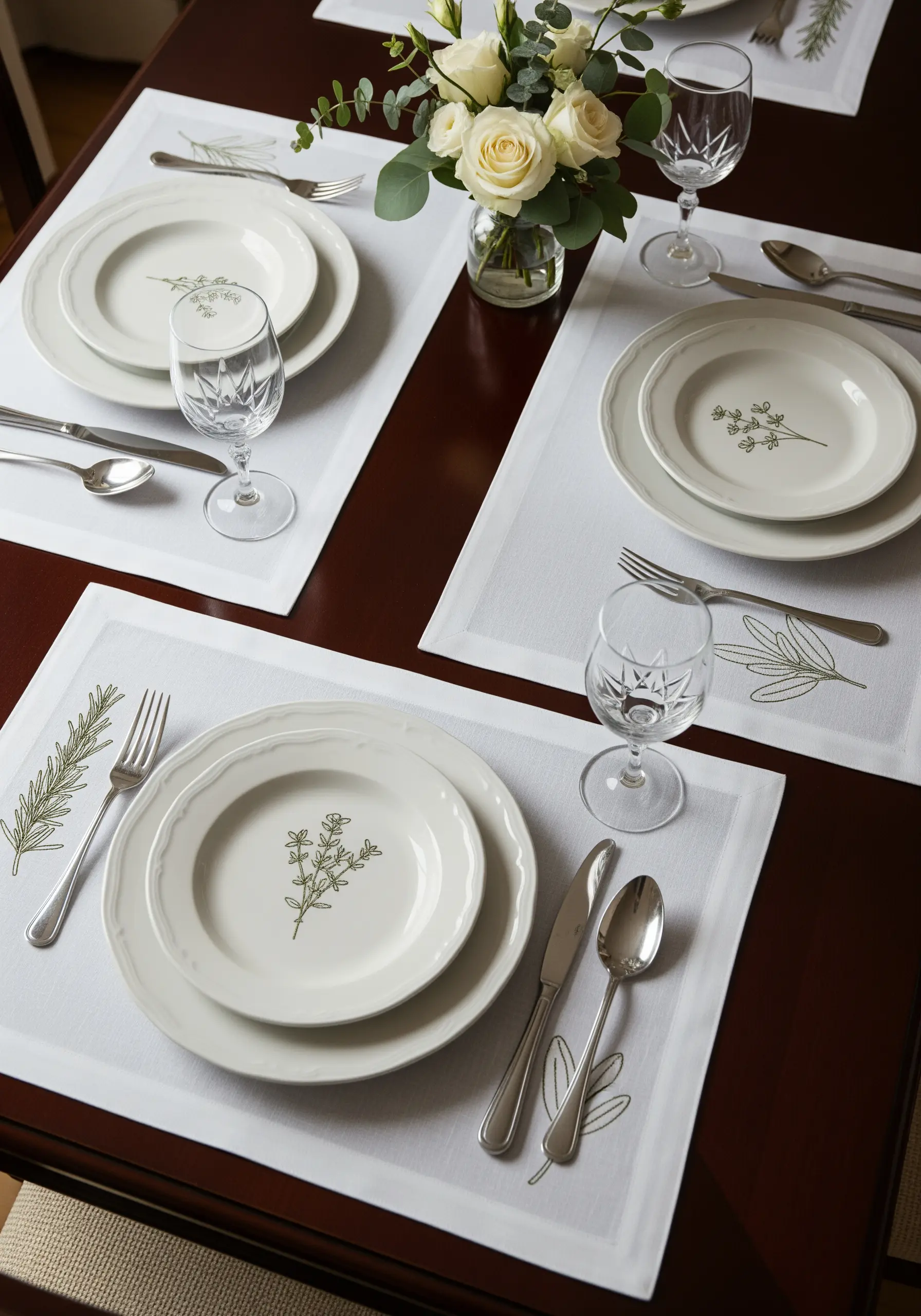 An elegant table setting with white placemats featuring subtle green herbal embroidery.