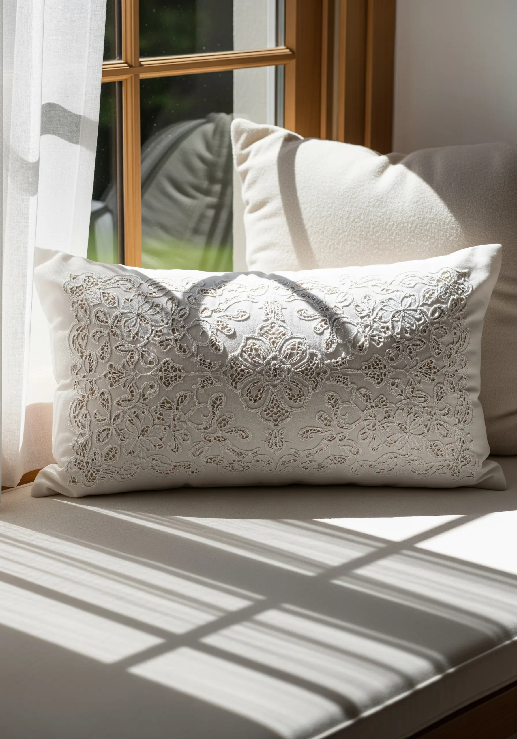 White lumbar pillow with intricate whitework embroidery