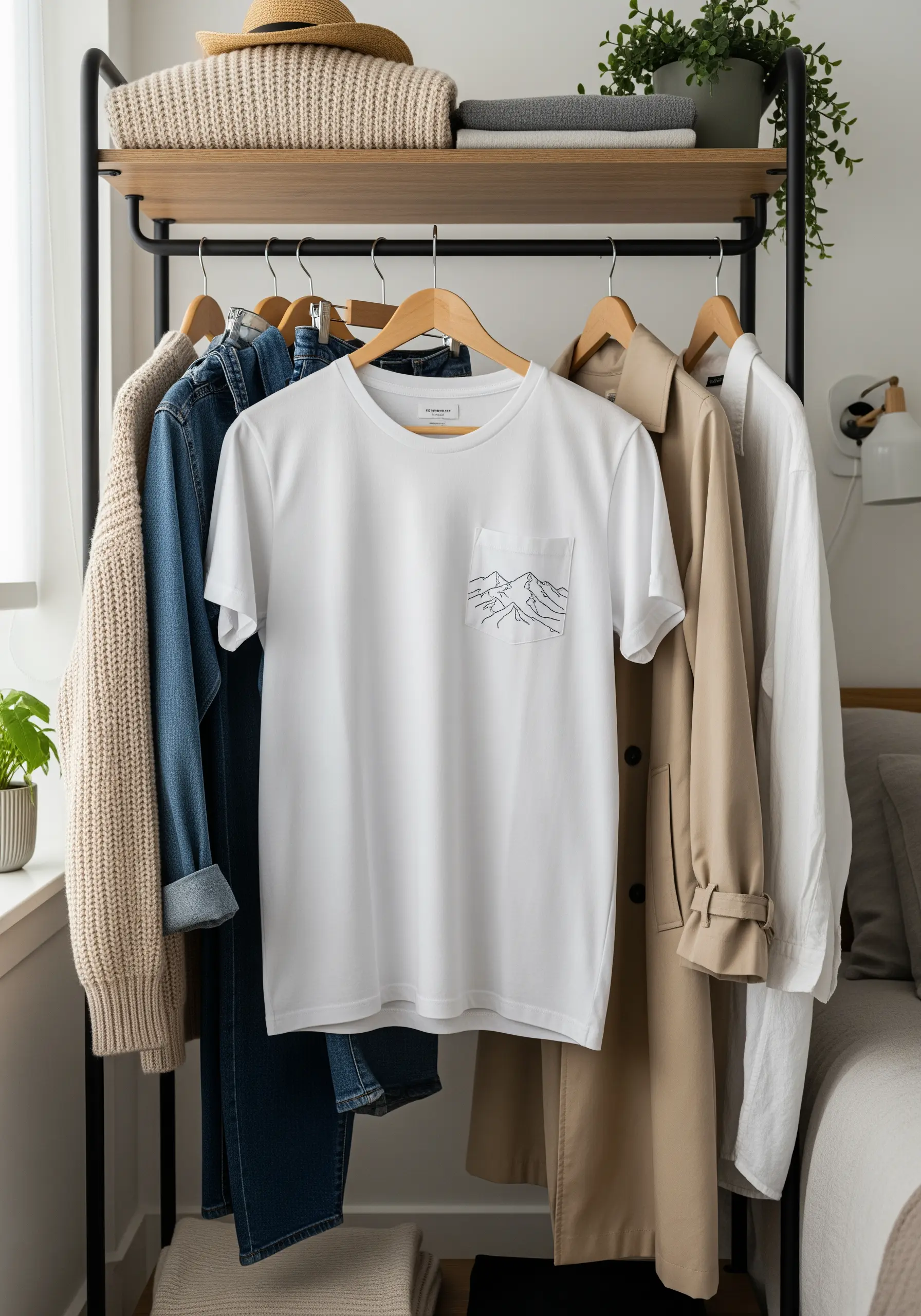 White t-shirt hanging on a rack with a minimalist mountain line art embroidered on the pocket