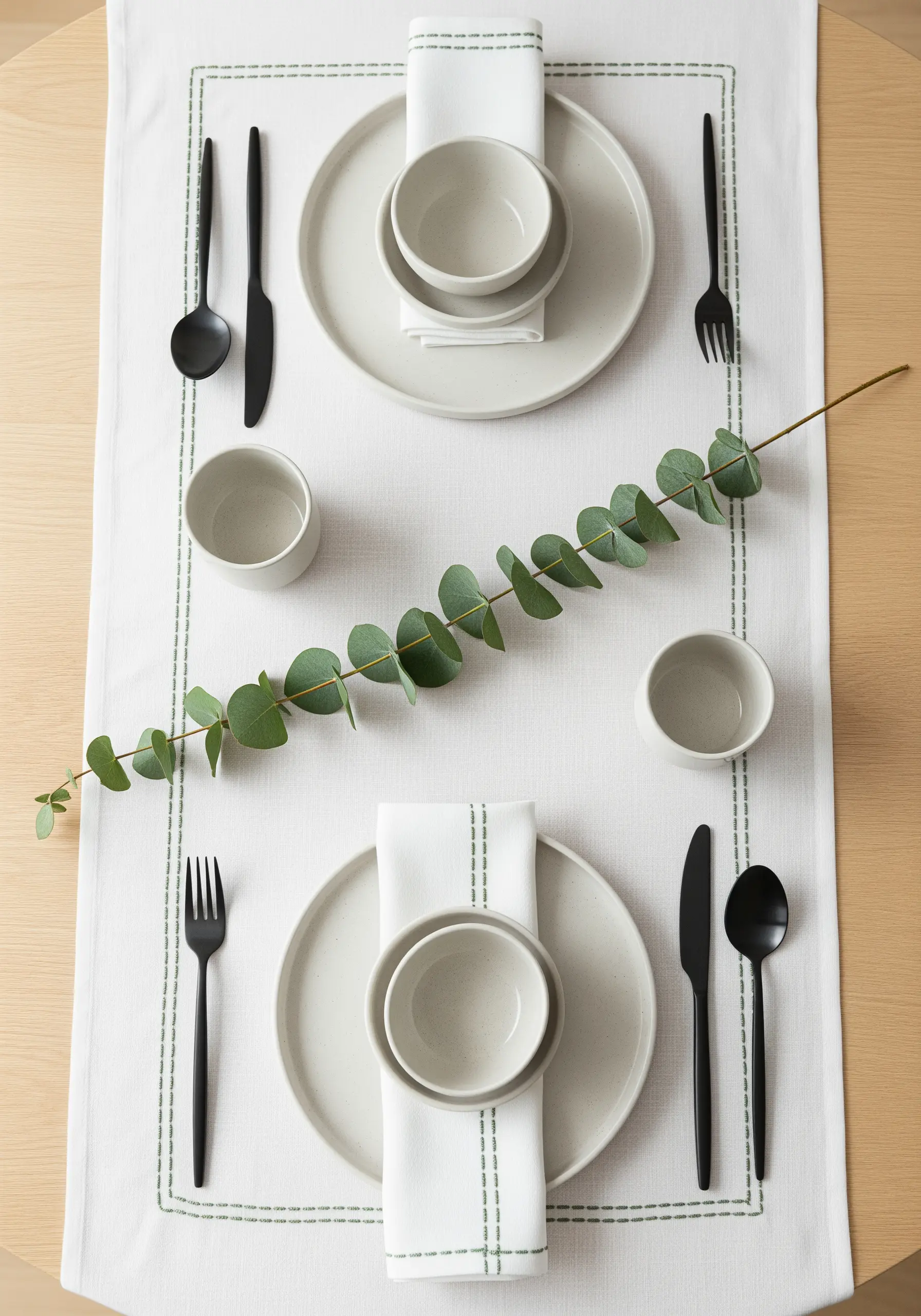 Simple running stitch border in green on white table linen