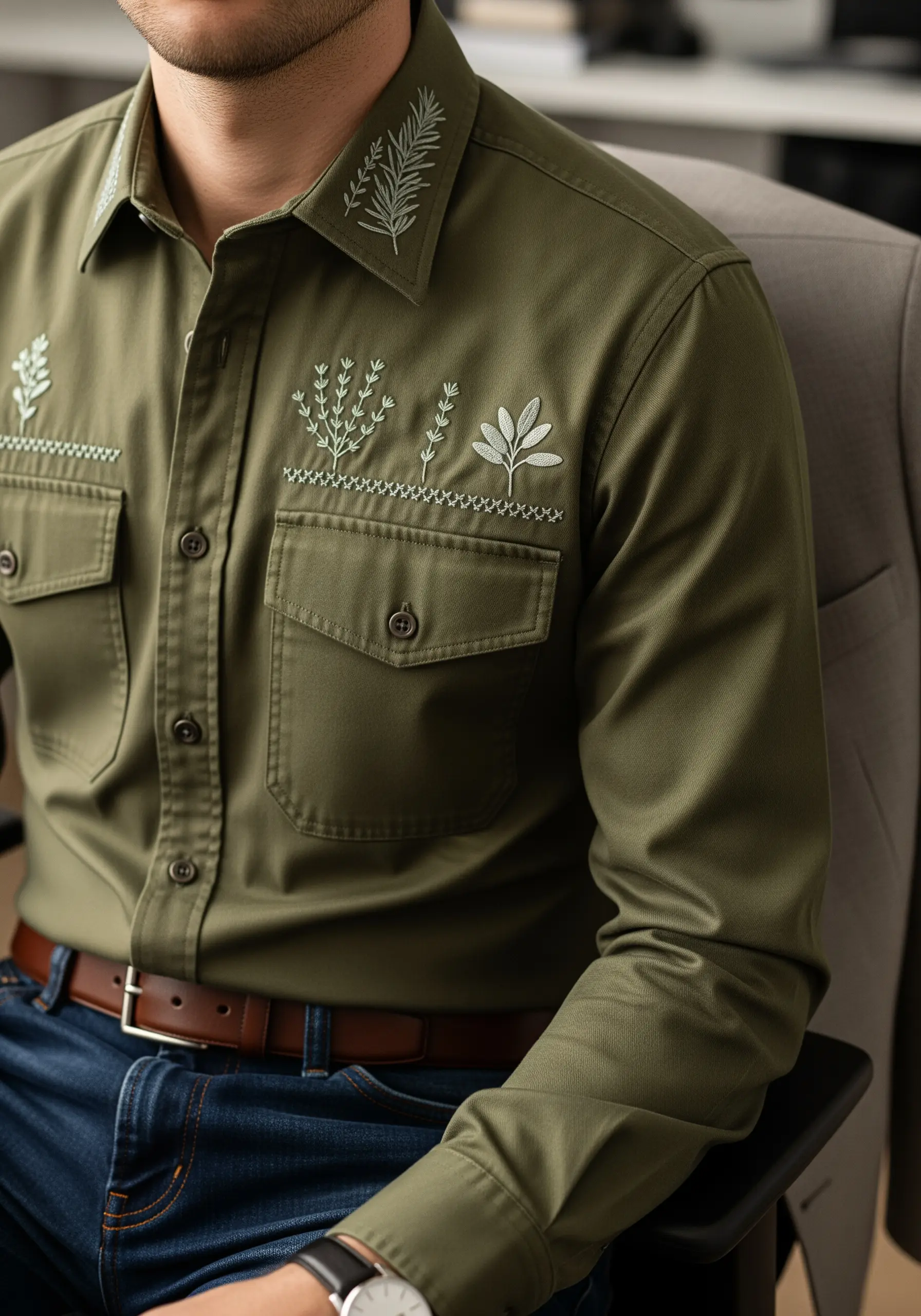 Subtle white botanical line drawings embroidered on an olive green work shirt.